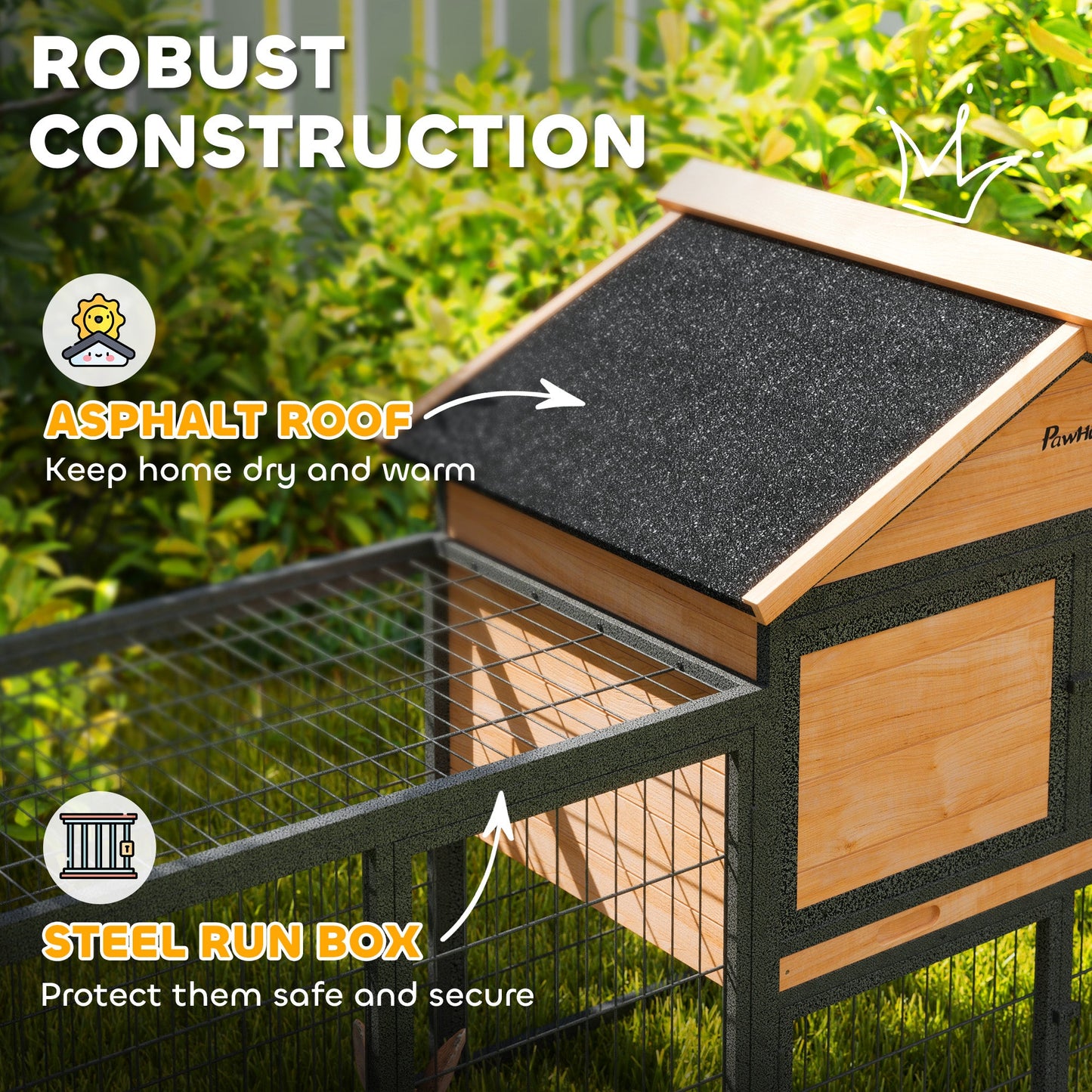 Rabbit Hutch Outdoor, Wooden Guinea Pig Hutch with Steel Run, Removable Leak Proof Tray, Water-Resistant Roof, Ramp, Small Animal House for 2-3 Bunnies, Guinea Pigs, 217 x 53 x 86 cm
