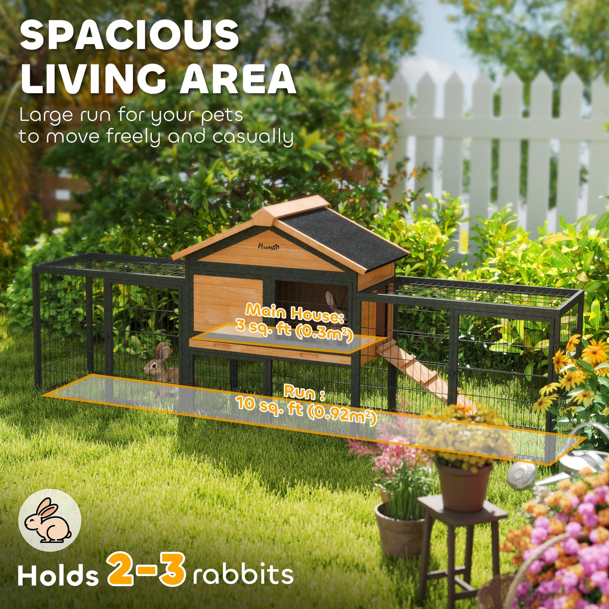 Rabbit Hutch Outdoor, Wooden Guinea Pig Hutch with Steel Run, Removable Leak Proof Tray, Water-Resistant Roof, Ramp, Small Animal House for 2-3 Bunnies, Guinea Pigs, 217 x 53 x 86 cm