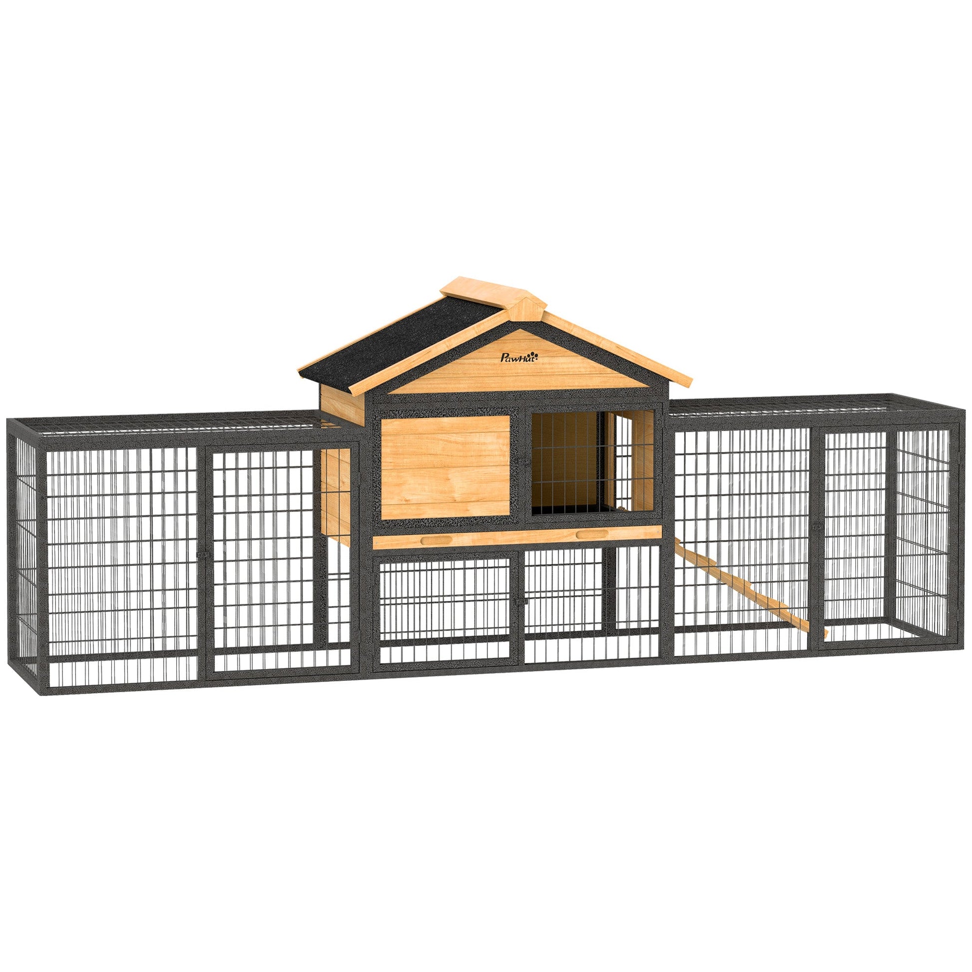 Rabbit Hutch Outdoor, Wooden Guinea Pig Hutch with Steel Run, Removable Leak Proof Tray, Water-Resistant Roof, Ramp, Small Animal House for 2-3 Bunnies, Guinea Pigs, 217 x 53 x 86 cm