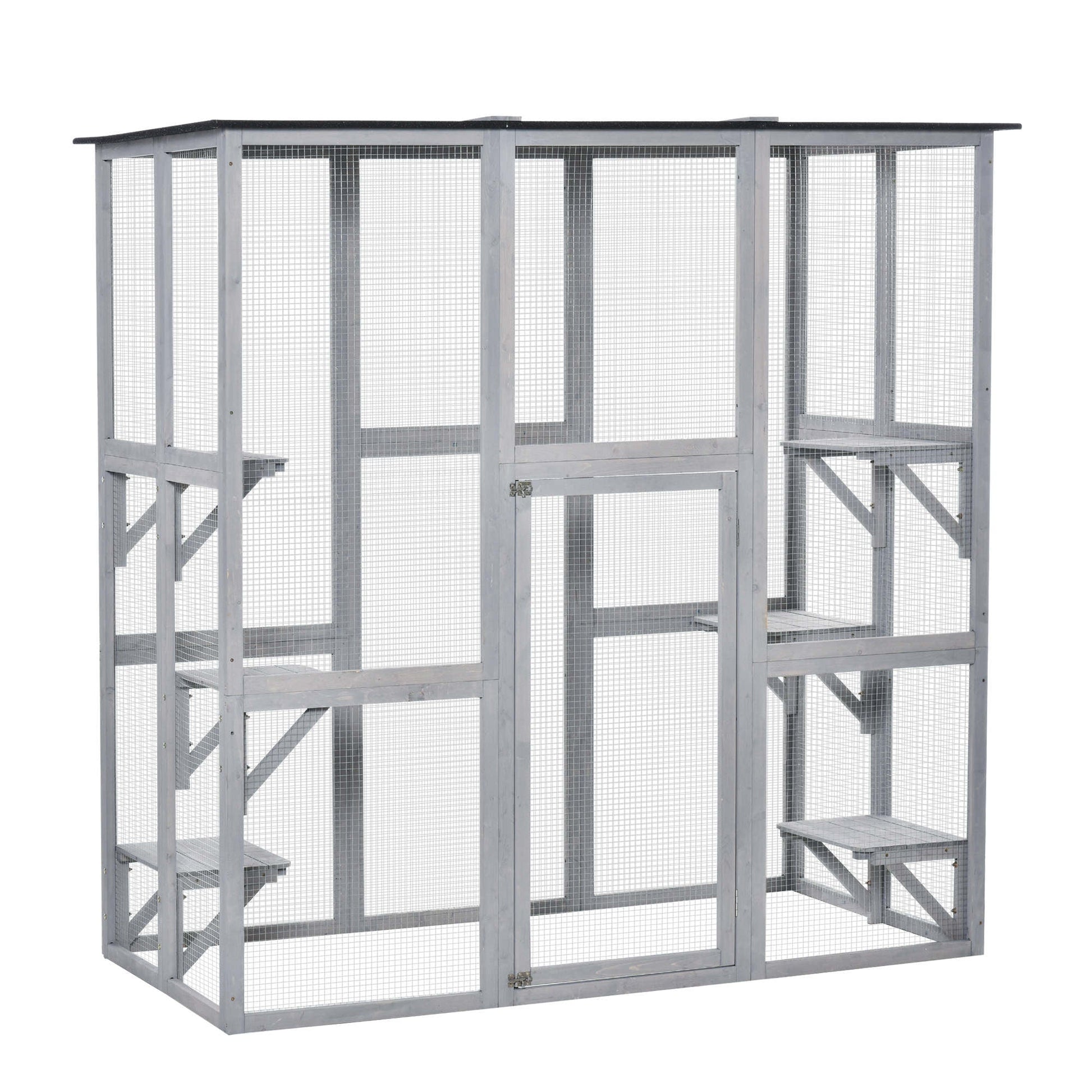 Large Outdoor Cat House, Walk-in Cat Enclosure, Wooden Catio with 6 Jumping Platforms, Waterproof Asphalt Roof