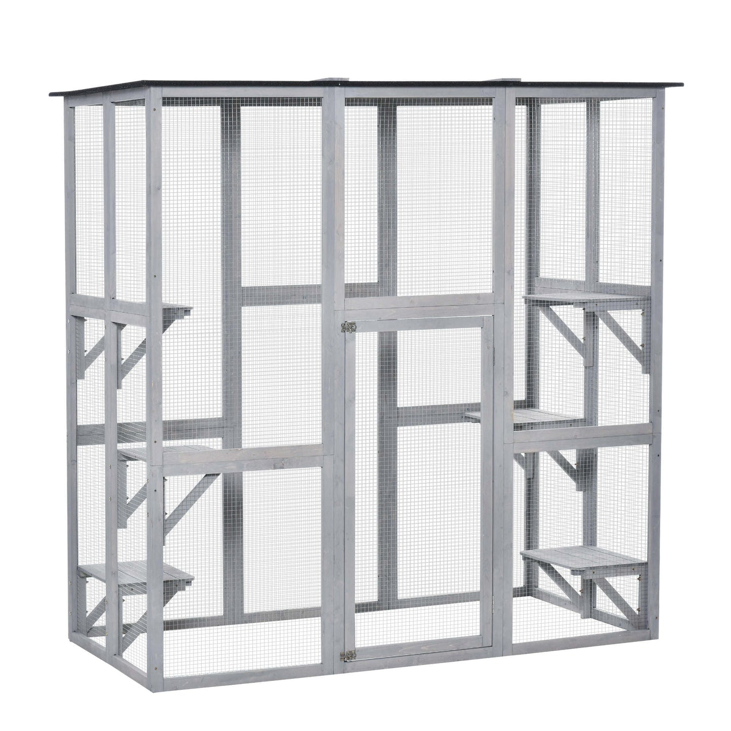 Large Outdoor Cat House, Walk-in Cat Enclosure, Wooden Catio with 6 Jumping Platforms, Waterproof Asphalt Roof