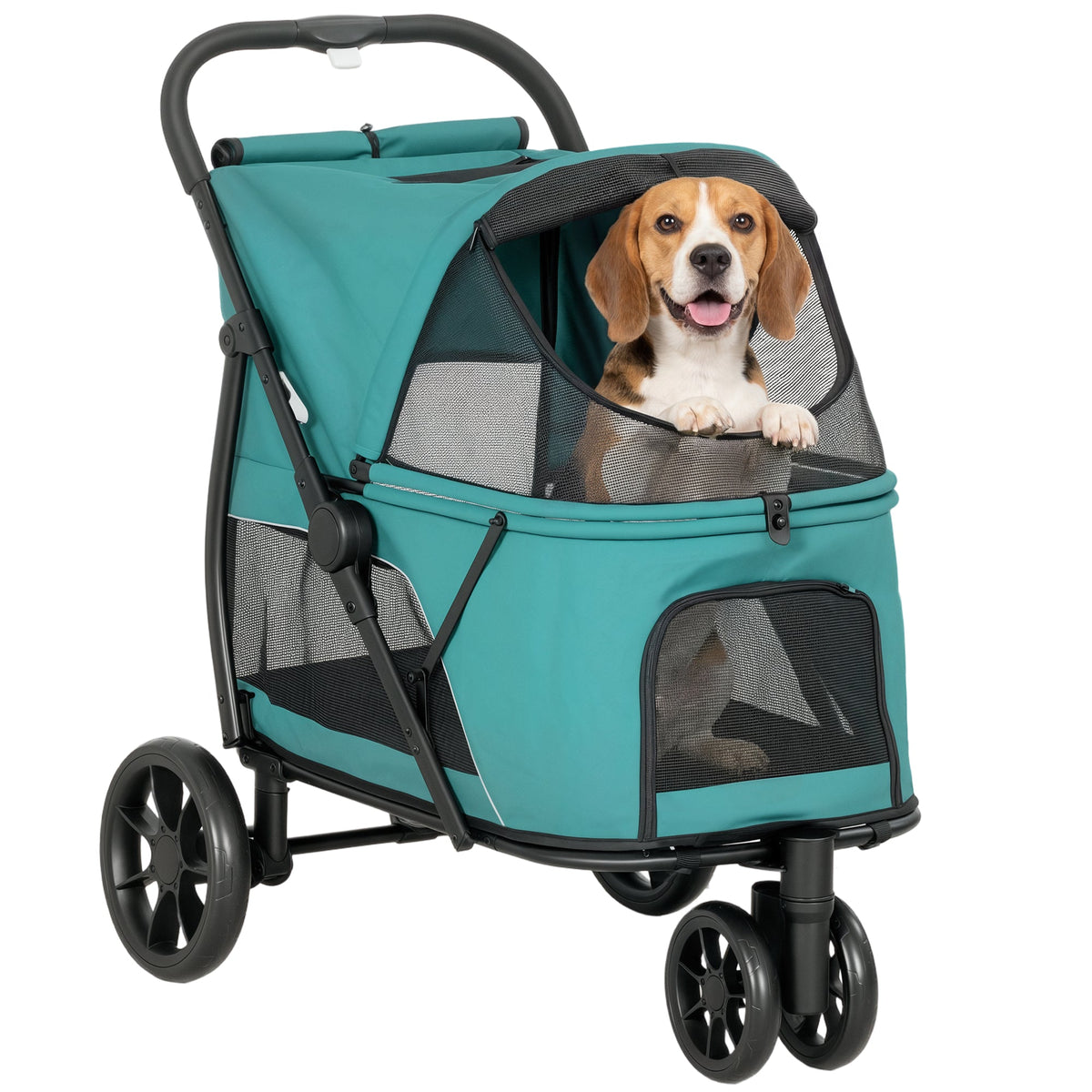Dog Stroller, 3 Wheels Pet Stroller with Dual Entry, Easy One-Click Quick Fold, Mesh Windows, Washable Cushion, Pet Travel Buggy for Small and Medium Dogs and Cats, Dark Green