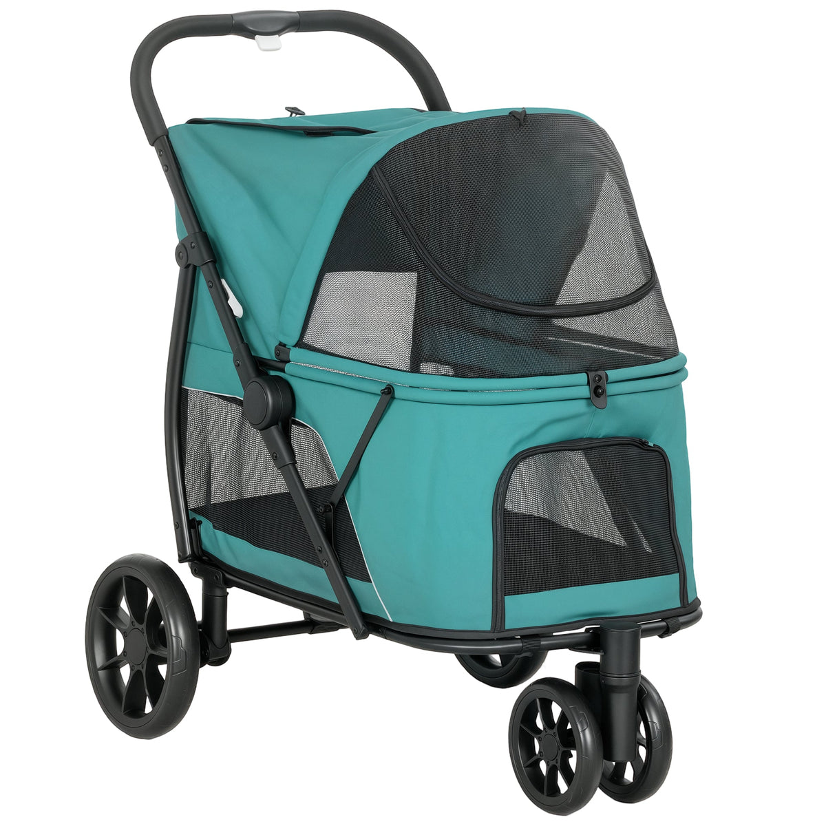 Dog Stroller, 3 Wheels Pet Stroller with Dual Entry, Easy One-Click Quick Fold, Mesh Windows, Washable Cushion, Pet Travel Buggy for Small and Medium Dogs and Cats, Dark Green