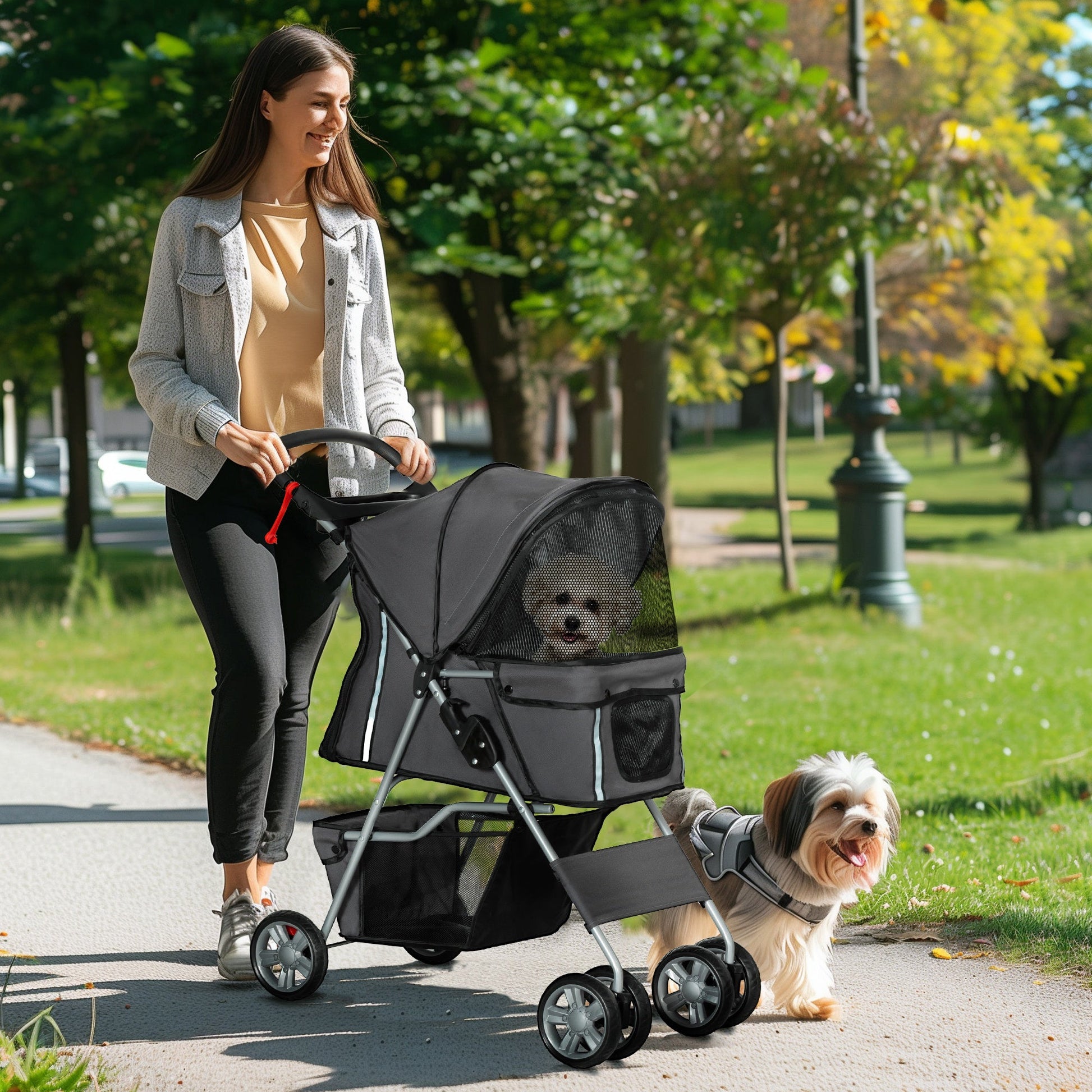 Pet Stroller for Small Miniature Dogs Cats Foldable Travel Carriage with Wheels Zipper Entry Cup Holder Storage Basket Grey