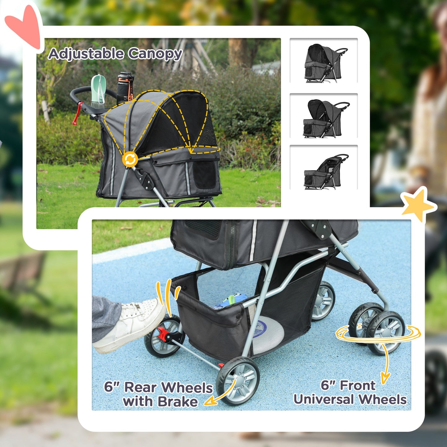Pet Stroller for Small Miniature Dogs Cats Foldable Travel Carriage with Wheels Zipper Entry Cup Holder Storage Basket Grey