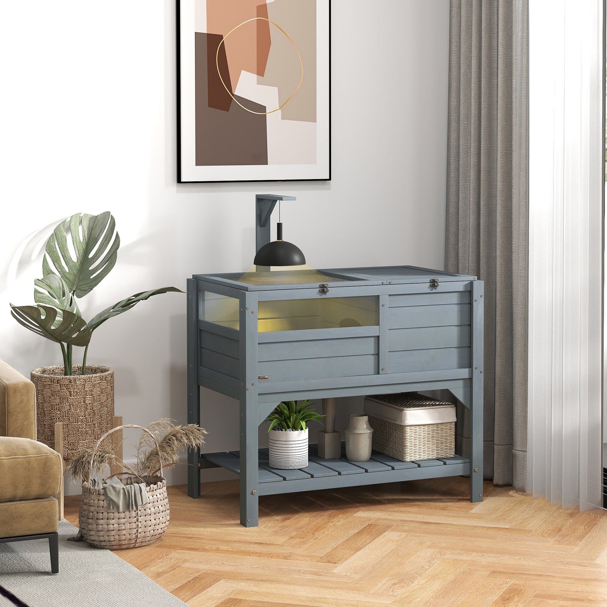 Tortoise House w/ Shelf, Small Pet Reptile Wooden House w/ Hide Shelter Den and Run, Lamp Holder, Tray, for Indoors, Outdoors - Grey