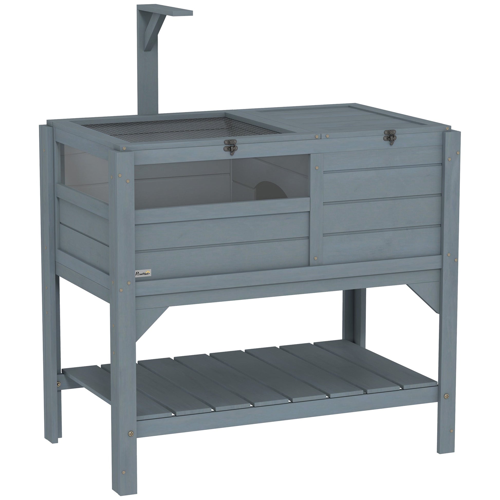 Tortoise House w/ Shelf, Small Pet Reptile Wooden House w/ Hide Shelter Den and Run, Lamp Holder, Tray, for Indoors, Outdoors - Grey