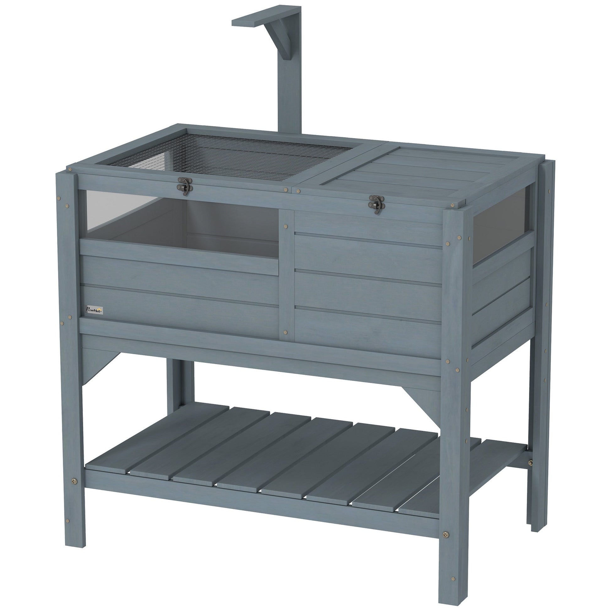 Tortoise House w/ Shelf, Small Pet Reptile Wooden House w/ Hide Shelter Den and Run, Lamp Holder, Tray, for Indoors, Outdoors - Grey