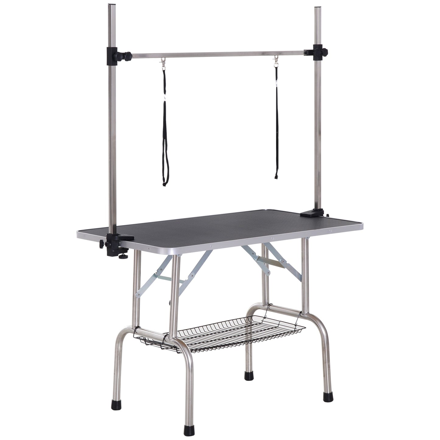 42" Foldable Dog Grooming Table Adjustable Pet Cat Drying Beauty Table Rubber Top with 2 Loops Storage Basket Metal Black