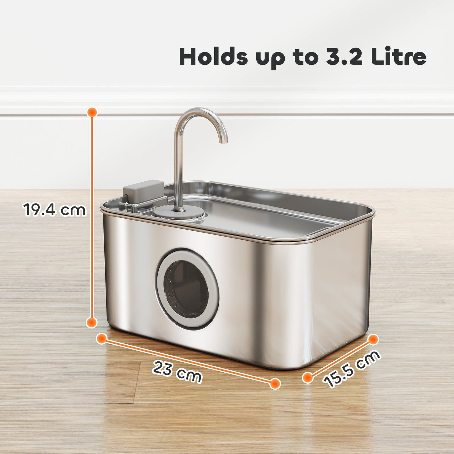 Cat Water Fountain for Drinking, 3.2L Stainless Steel Cat Fountain, Ultra-Silent, Automatic, Visible Water-Level, for Kittens, Dogs and Other Pets