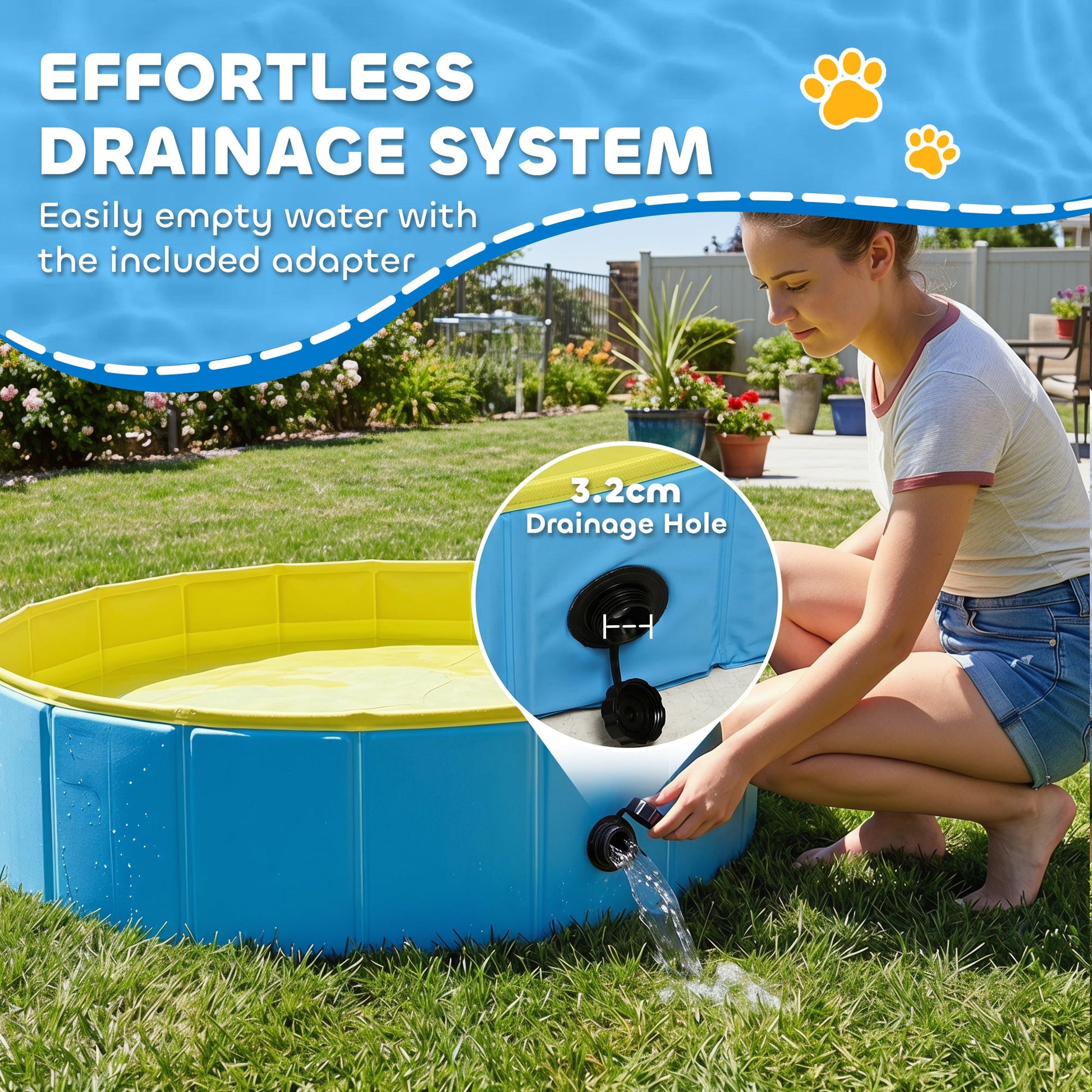Foldable Dog Pool for Puppies and Ducks, Thickened PVC Dog Paddling Pool Bath Tub Hard Board, Anti-Slip Bottom and Hose Adapter for Easy Drainage, 100 x 30cm, Blue and Yellow
