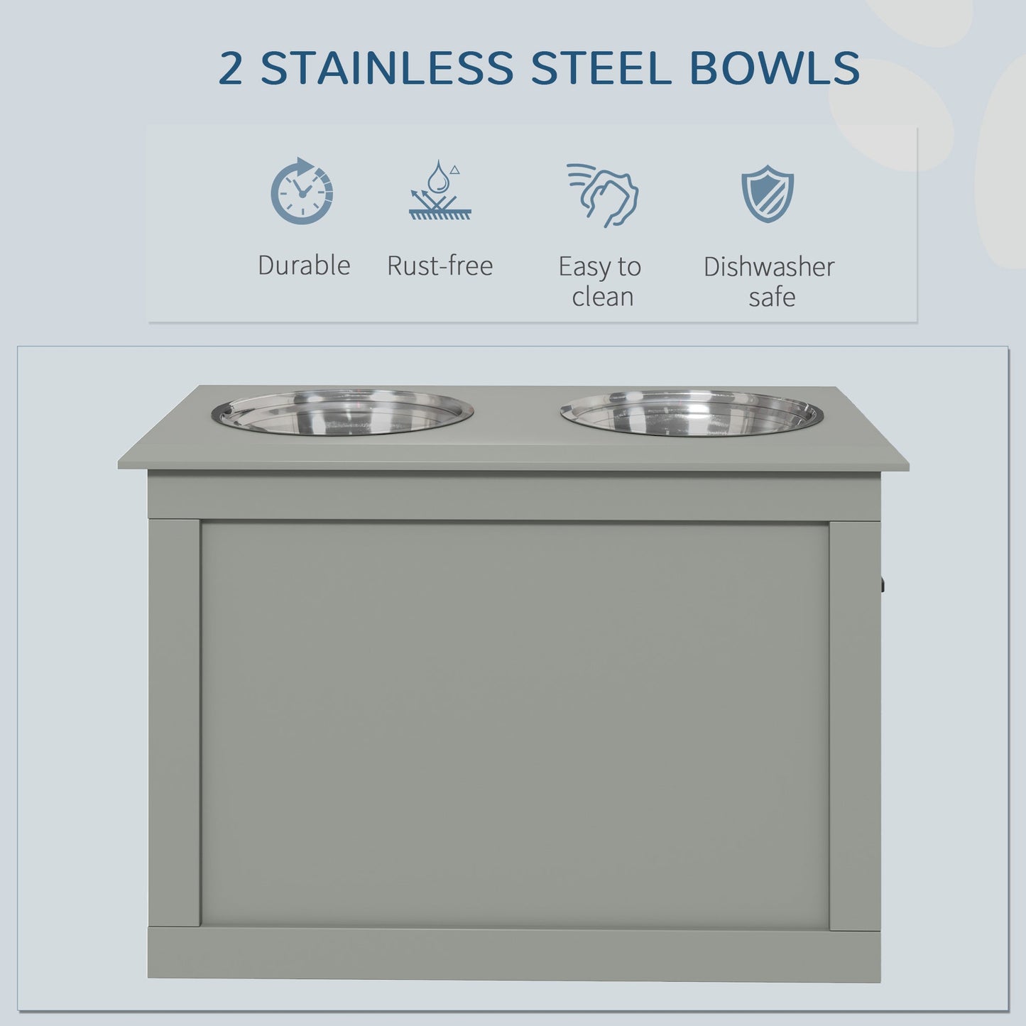 Raised Dog Bowls, Pet Feeding Storage Station with Two Stainless Steel Bowls, Base, for Large Dogs, Grey