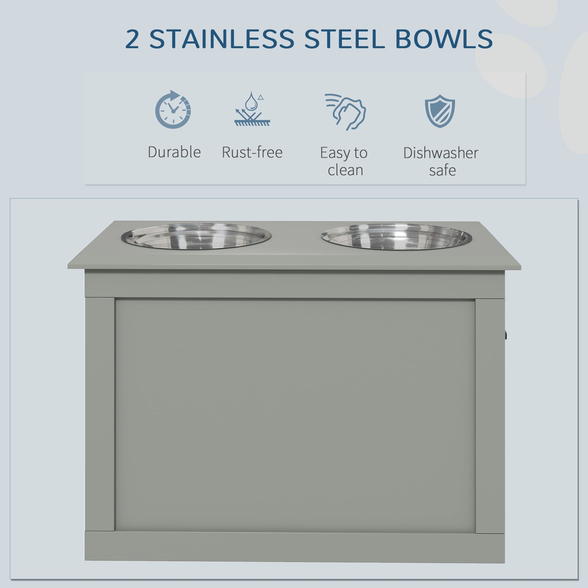 Raised Dog Bowls, Pet Feeding Storage Station with Two Stainless Steel Bowls, Base, for Large Dogs, Grey