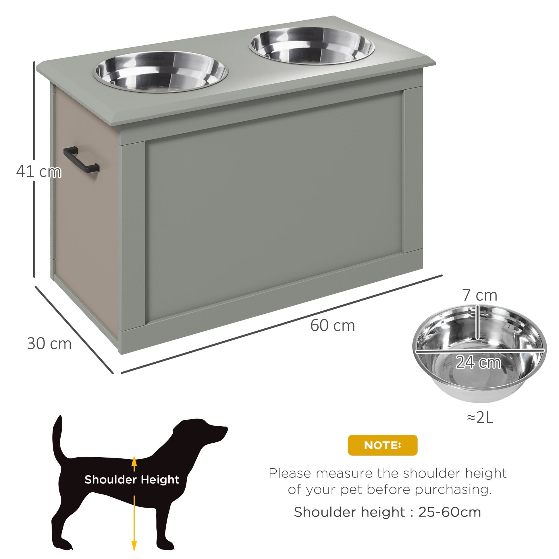 Raised Dog Bowls, Pet Feeding Storage Station with Two Stainless Steel Bowls, Base, for Large Dogs, Grey