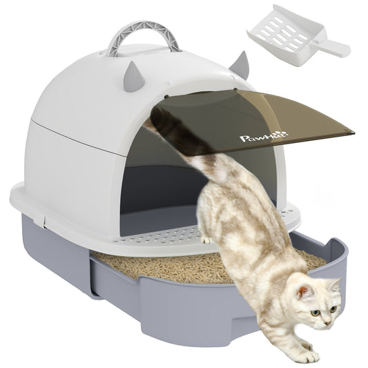 Cat Litter Tray with Lid, Enclosed Cat Litter Box with Pull-Out Drawer, Scoop, Deodorising Bags for Odour Control, Privacy, Portable, Easy to Clean, Grey