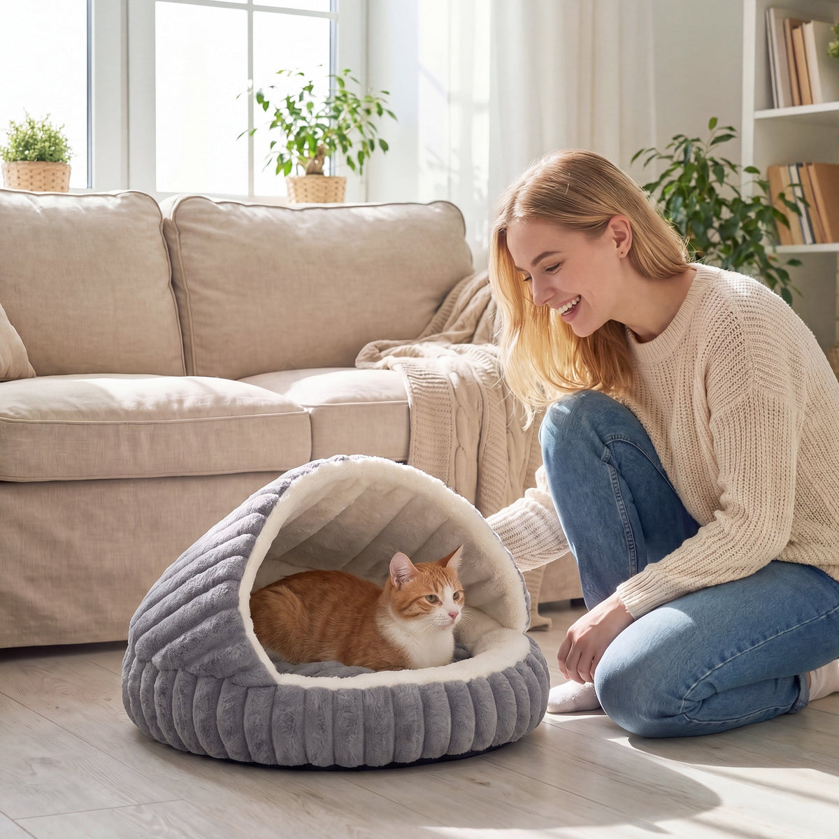 Cat Bed for Indoor Kittens, Cat Cave House with Non-Slip Bottom and Washable Cushion, Soft Pet Bed for Indoor Warmth & Comfort, 50 x 50 x 32 cm, Grey