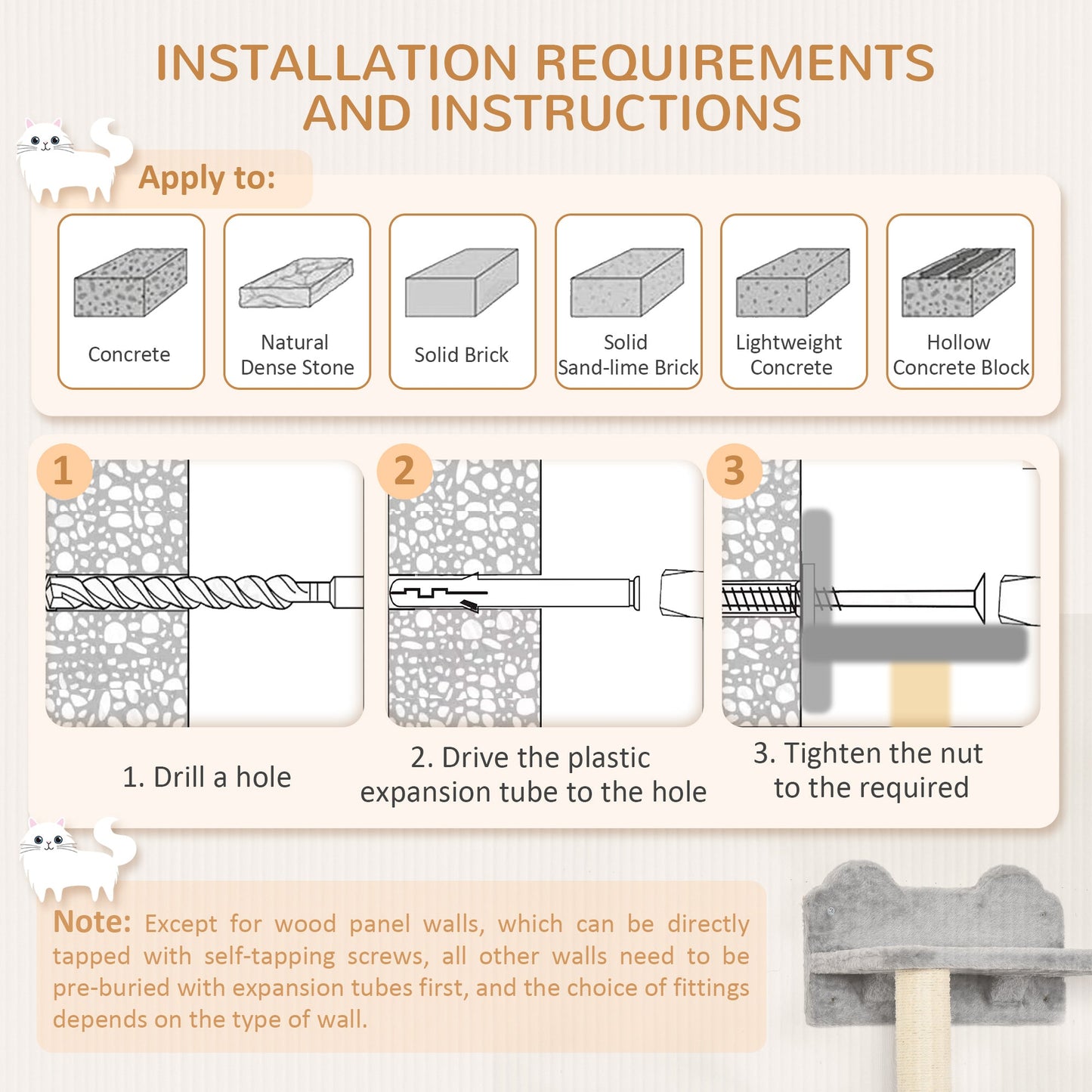 5Pcs Cat Wall Furniture with Perch, Cat House, Scratching Post, Wall-Mounted Cat Tree for Indoor Cats - Grey