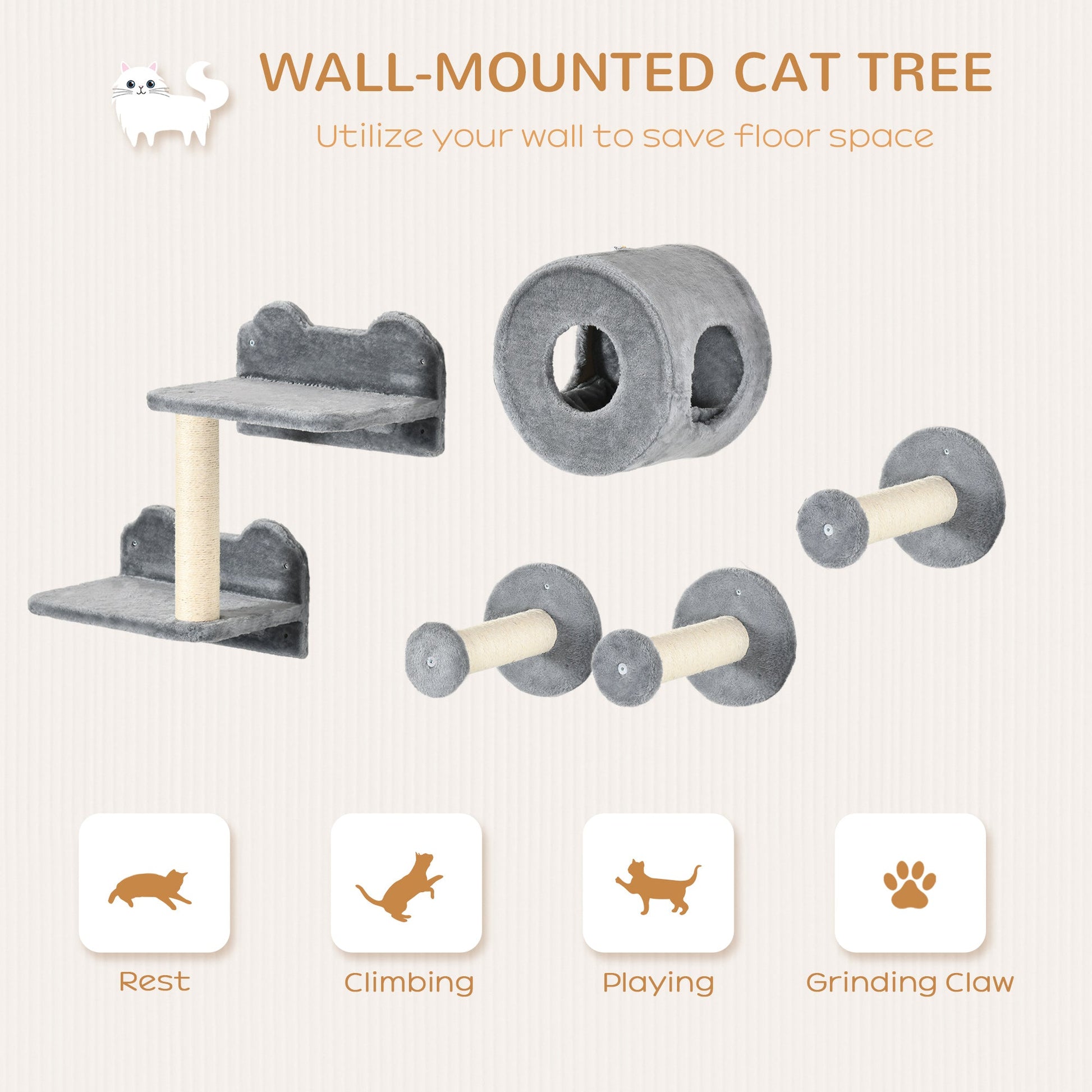 5Pcs Cat Wall Furniture with Perch, Cat House, Scratching Post, Wall-Mounted Cat Tree for Indoor Cats - Grey