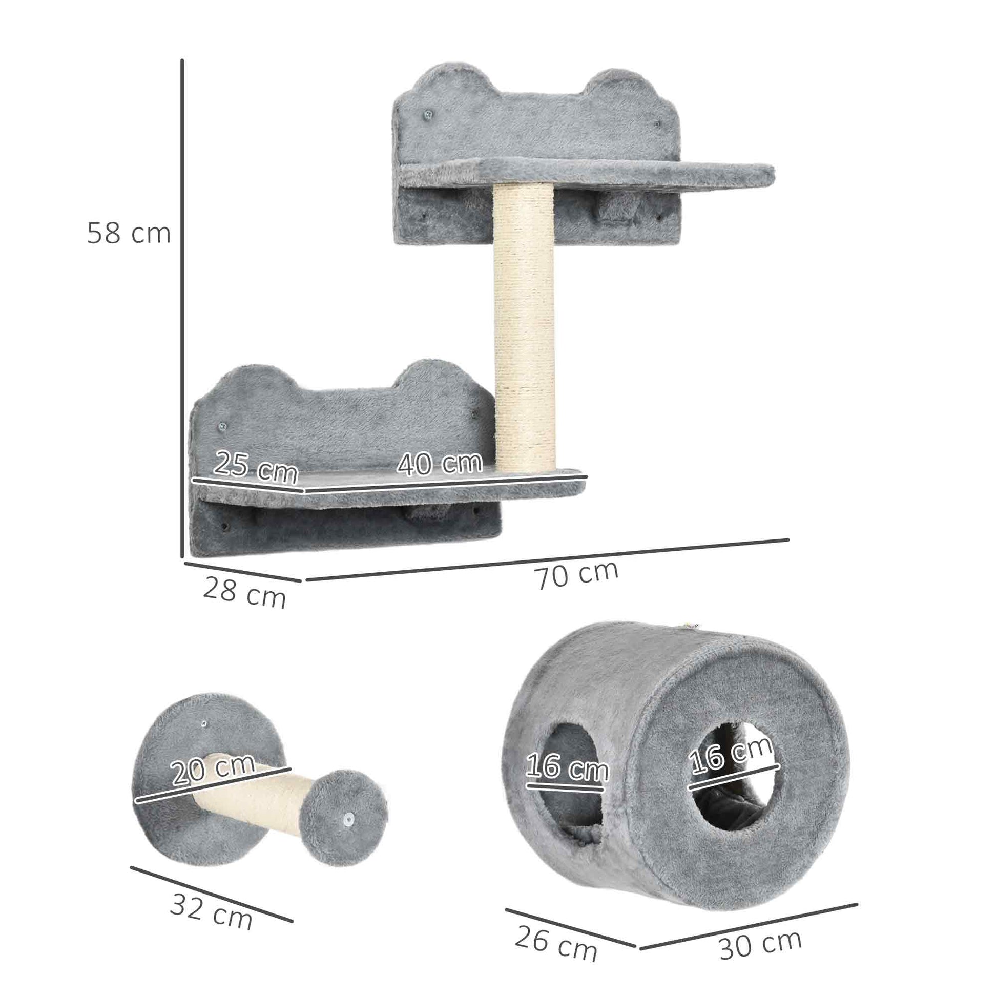 5Pcs Cat Wall Furniture with Perch, Cat House, Scratching Post, Wall-Mounted Cat Tree for Indoor Cats - Grey