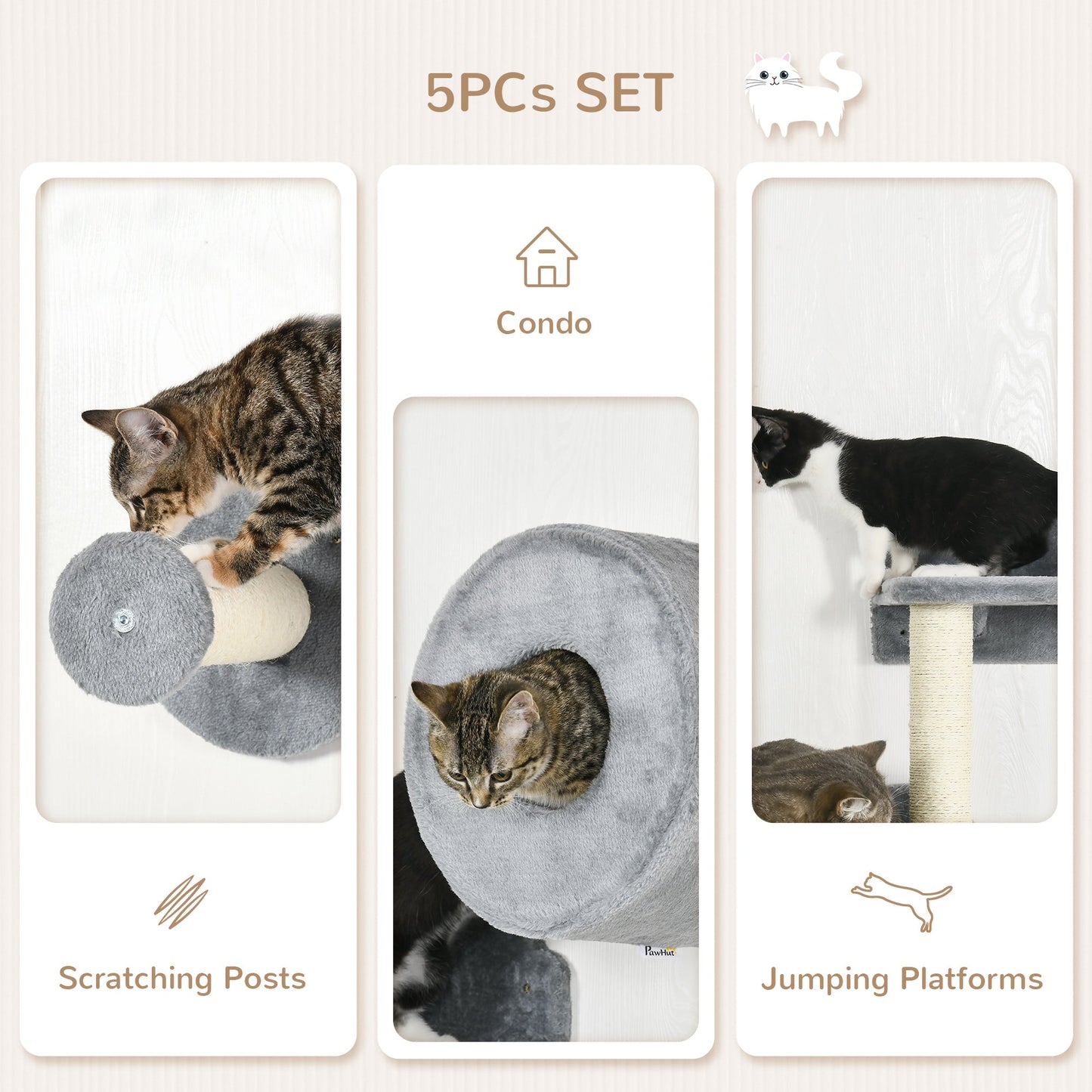 5Pcs Cat Wall Furniture with Perch, Cat House, Scratching Post, Wall-Mounted Cat Tree for Indoor Cats - Grey