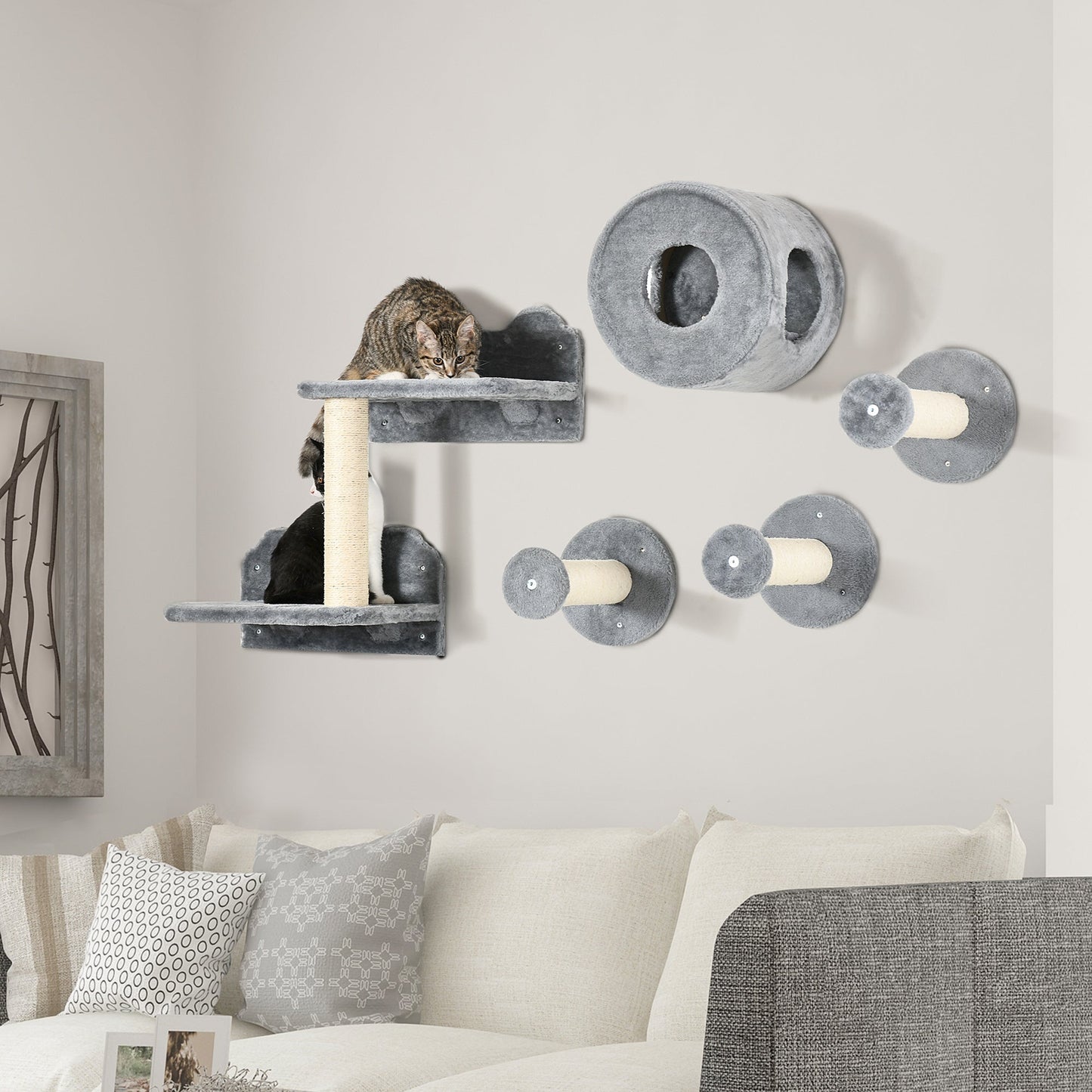 5Pcs Cat Wall Furniture with Perch, Cat House, Scratching Post, Wall-Mounted Cat Tree for Indoor Cats - Grey