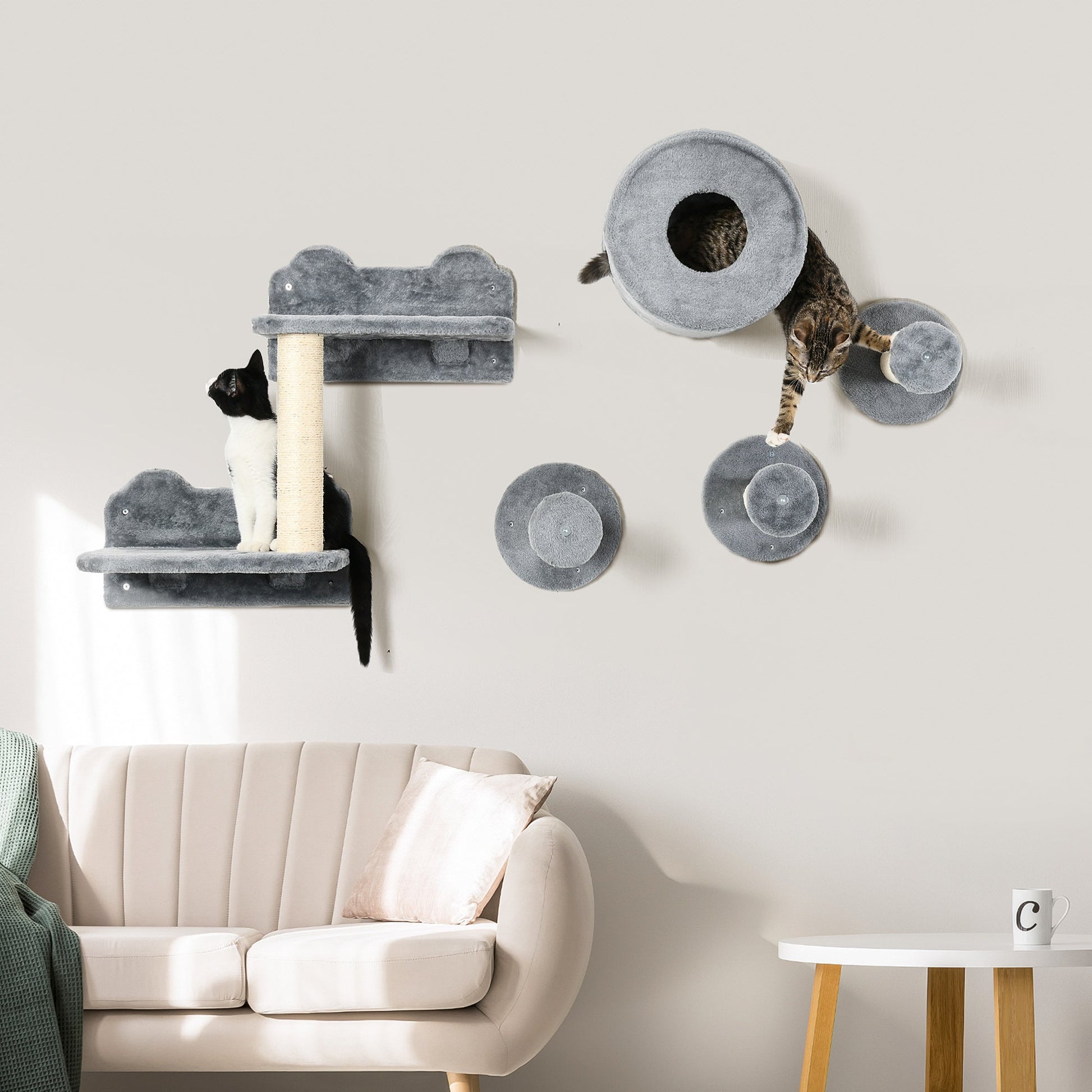 5Pcs Cat Wall Furniture with Perch, Cat House, Scratching Post, Wall-Mounted Cat Tree for Indoor Cats - Grey