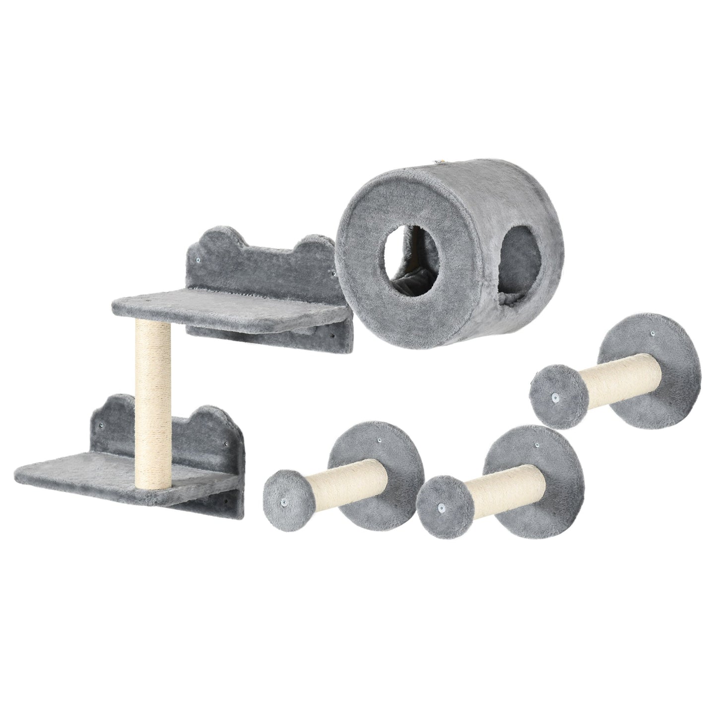 5Pcs Cat Wall Furniture with Perch, Cat House, Scratching Post, Wall-Mounted Cat Tree for Indoor Cats - Grey