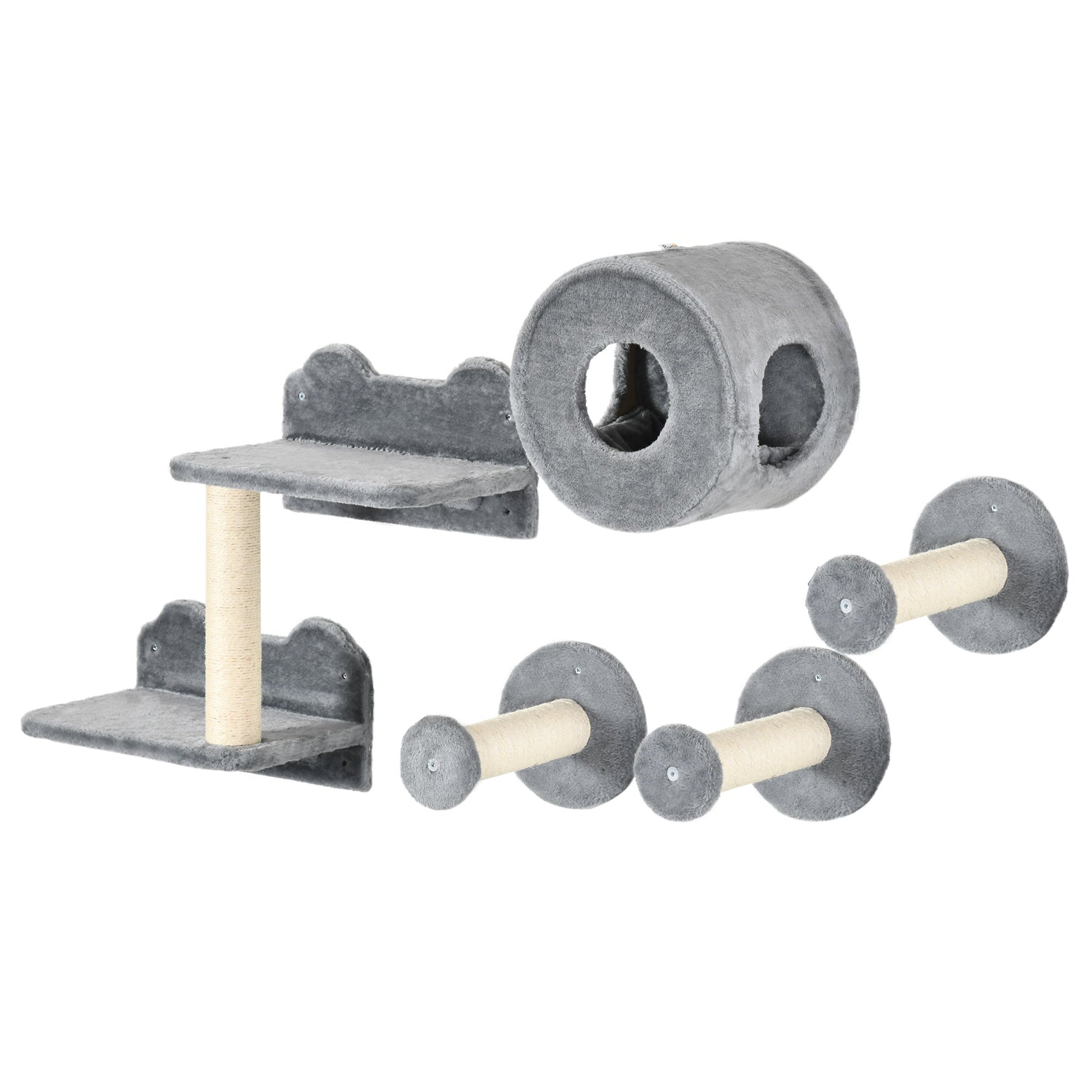 5Pcs Cat Wall Furniture with Perch, Cat House, Scratching Post, Wall-Mounted Cat Tree for Indoor Cats - Grey