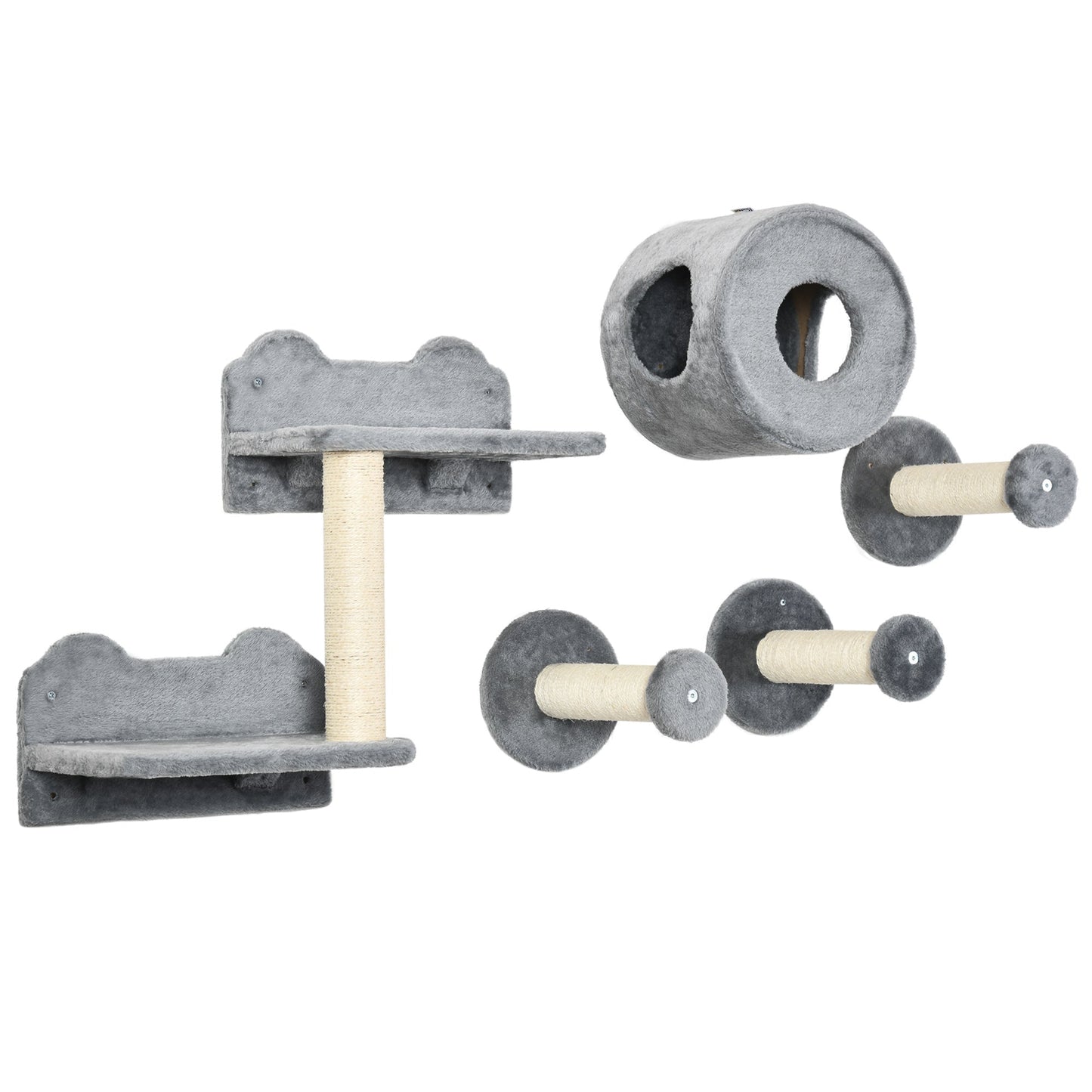 5Pcs Cat Wall Furniture with Perch, Cat House, Scratching Post, Wall-Mounted Cat Tree for Indoor Cats - Grey