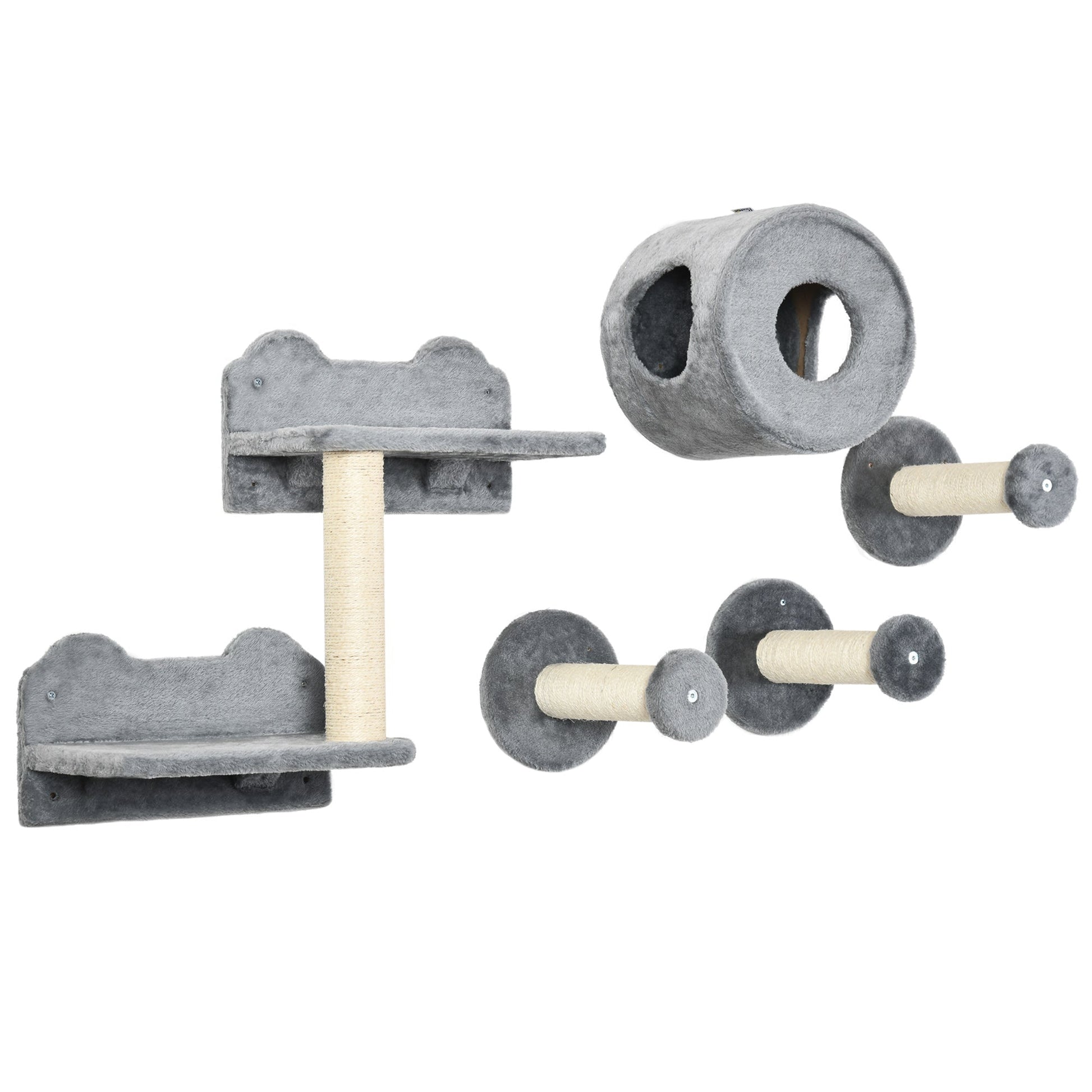 5Pcs Cat Wall Furniture with Perch, Cat House, Scratching Post, Wall-Mounted Cat Tree for Indoor Cats - Grey
