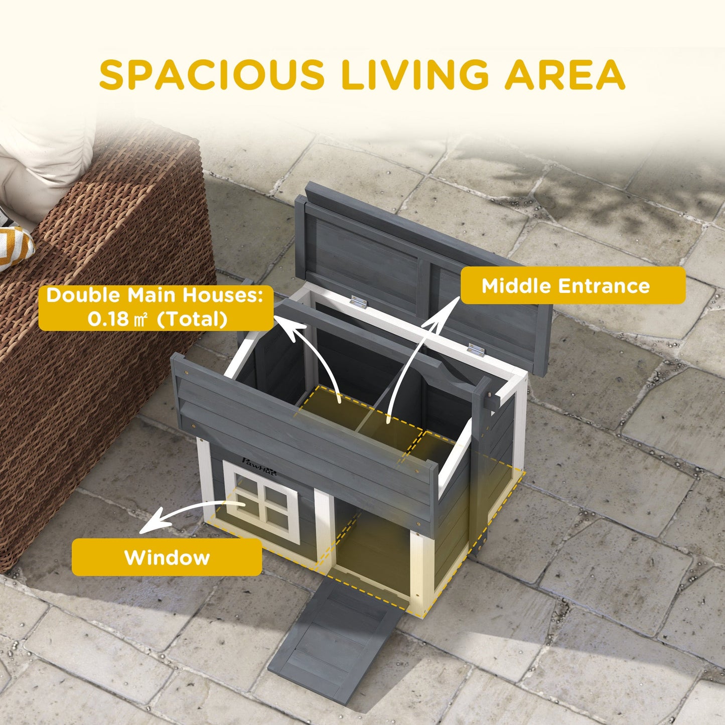 Rabbit Hutch Cat House Puppy House Guinea Pig Hutch Small Animal House Portable Wooden Indoor Outdoor with 2 Rooms Top Handle, Openable Roof - Grey