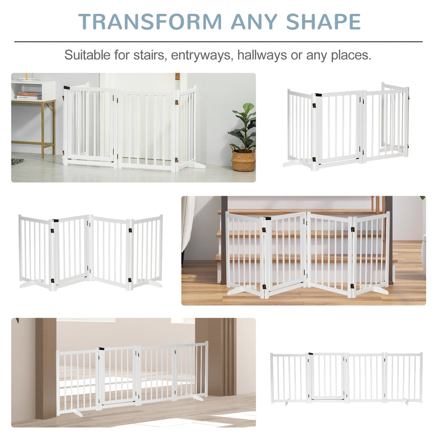Wooden Dog Gate, Dog Fence Indoor, 80 cm Tall Freestanding Pet Gate for Small and Medium Dogs with 4 Panels, 2 Support Feet, White