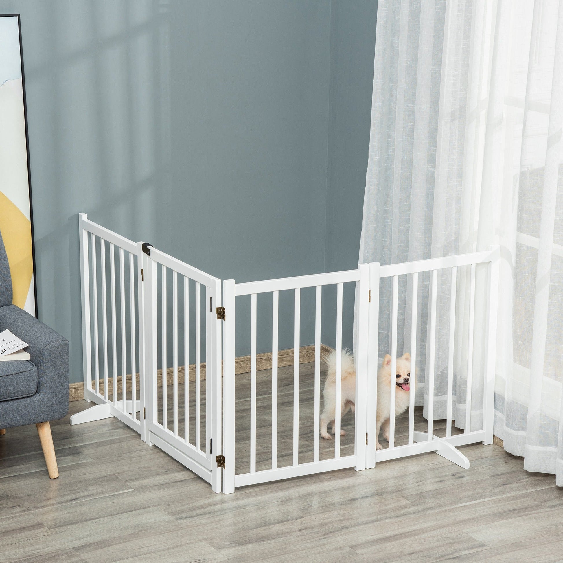 Wooden Dog Gate, Dog Fence Indoor, 80 cm Tall Freestanding Pet Gate for Small and Medium Dogs with 4 Panels, 2 Support Feet, White