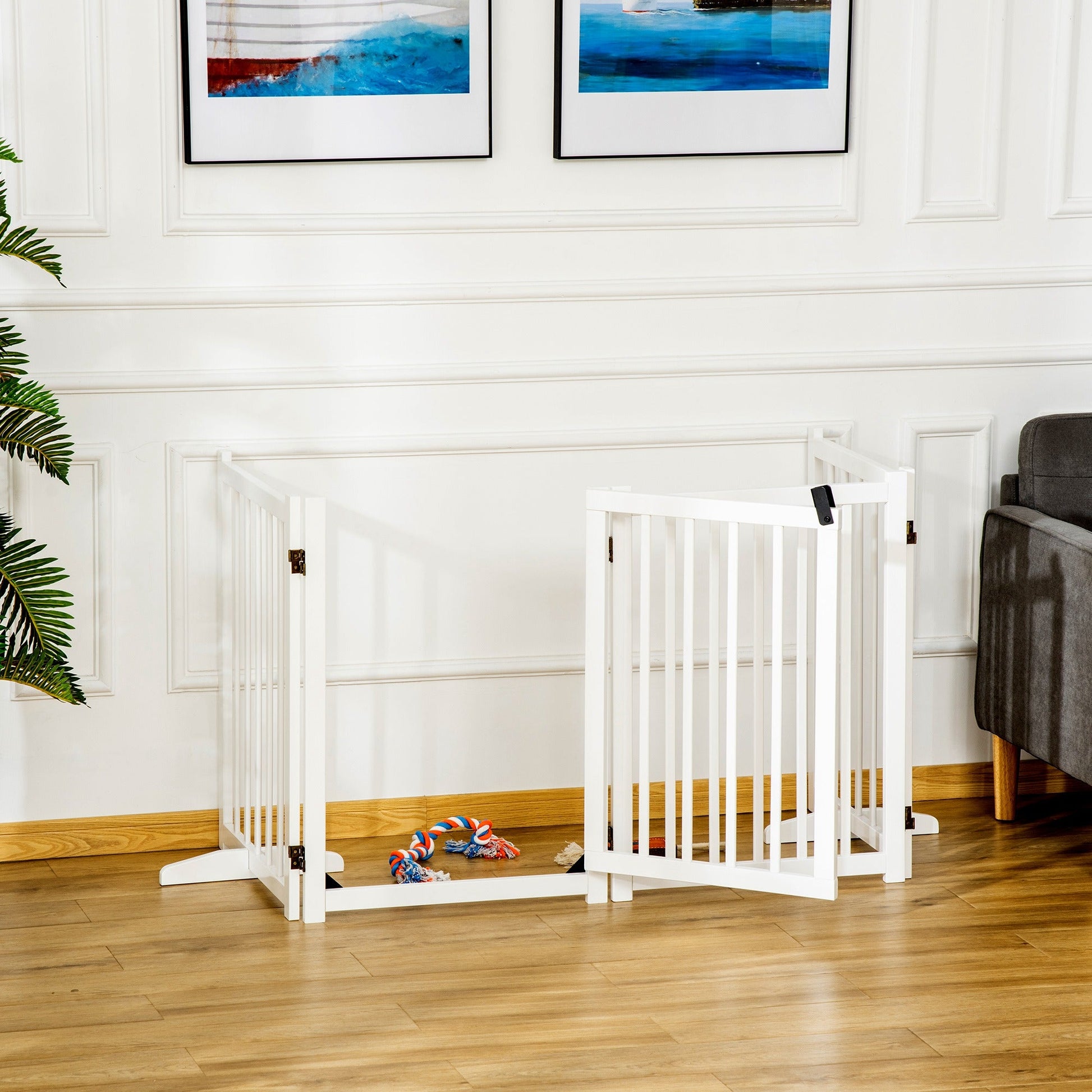 Wooden Dog Gate, Dog Fence Indoor, 80 cm Tall Freestanding Pet Gate for Small and Medium Dogs with 4 Panels, 2 Support Feet, White