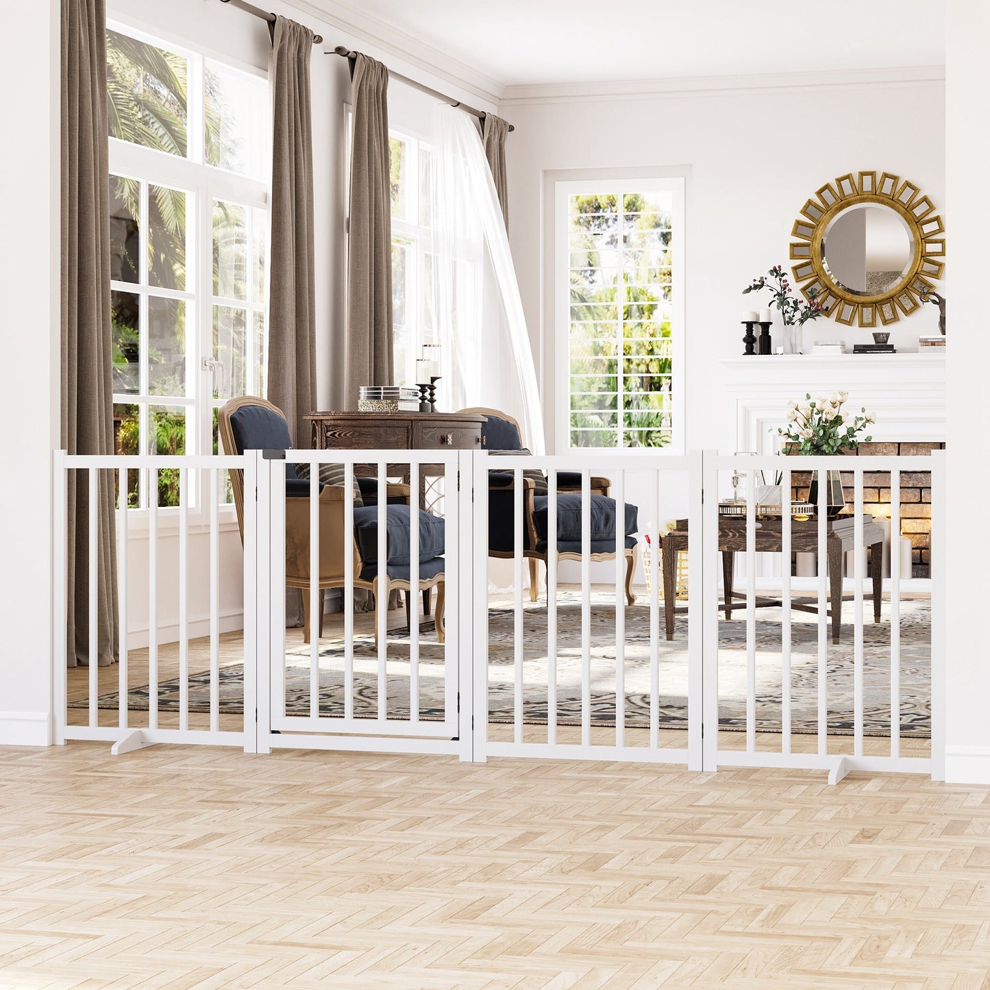 Wooden Dog Gate, Dog Fence Indoor, 80 cm Tall Freestanding Pet Gate for Small and Medium Dogs with 4 Panels, 2 Support Feet, White
