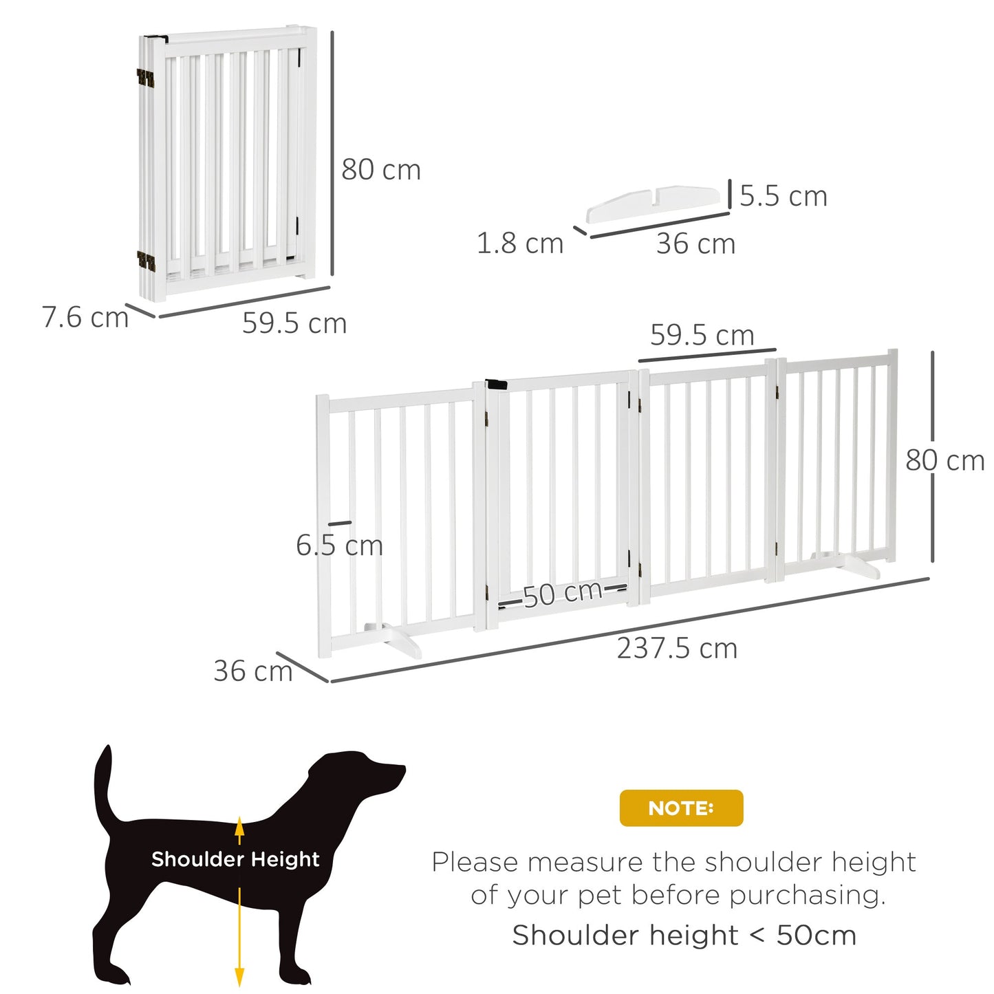 Wooden Dog Gate, Dog Fence Indoor, 80 cm Tall Freestanding Pet Gate for Small and Medium Dogs with 4 Panels, 2 Support Feet, White