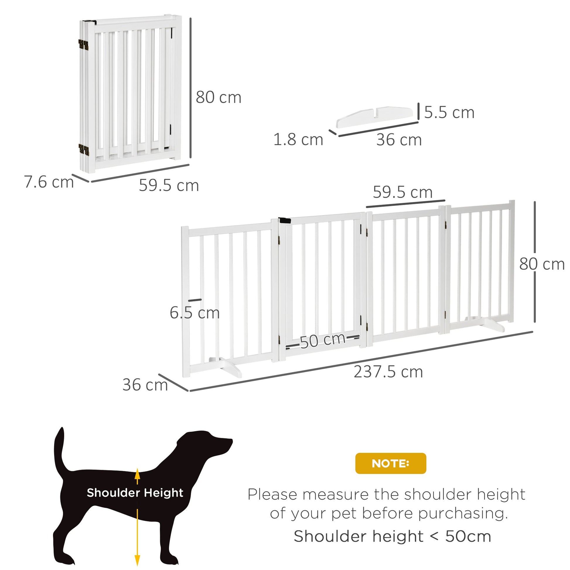 Wooden Dog Gate, Dog Fence Indoor, 80 cm Tall Freestanding Pet Gate for Small and Medium Dogs with 4 Panels, 2 Support Feet, White
