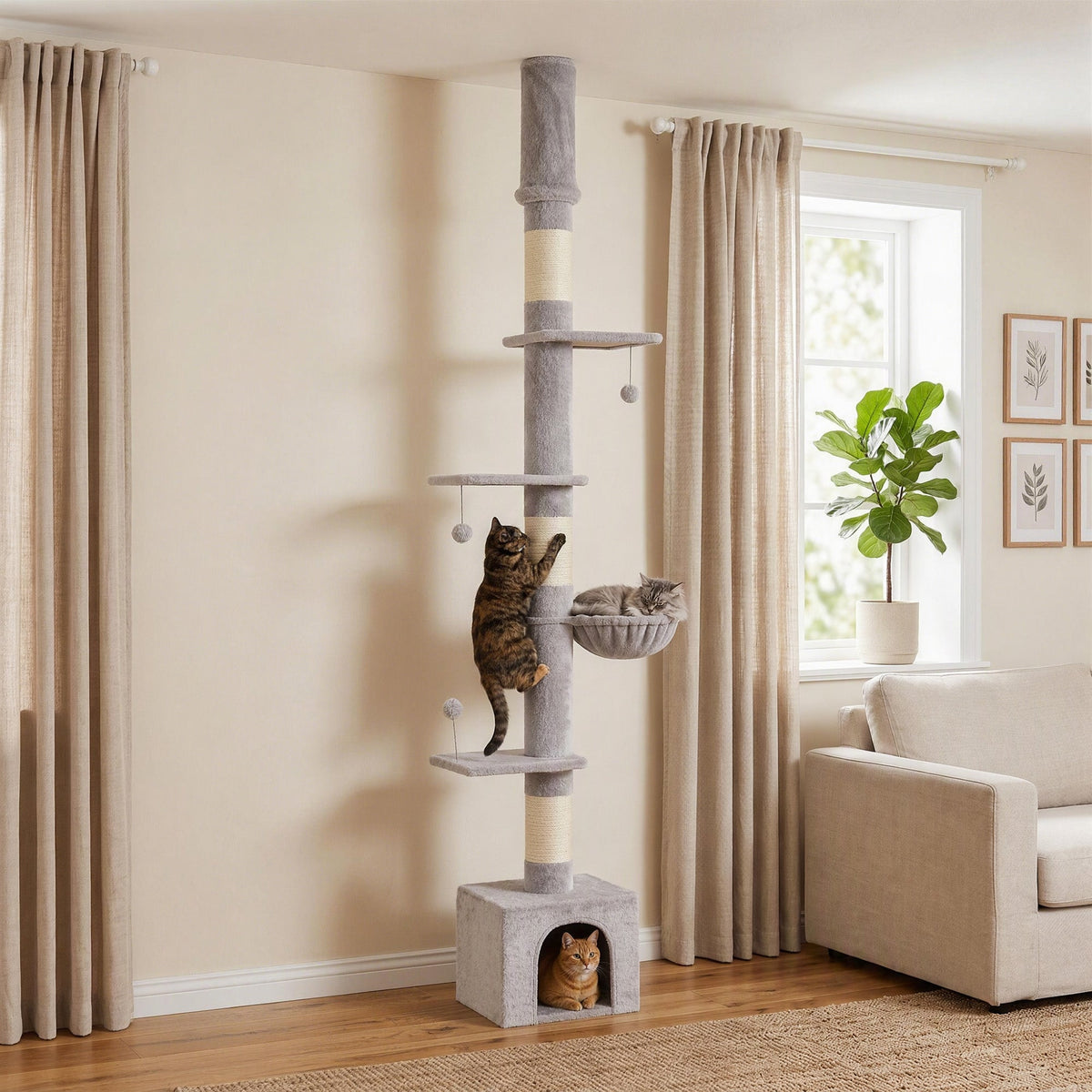 Floor to Ceiling Cat Tree, 230-250cm Multi-Level Cat Tower with Adjustable Height, Scratching Posts, Condo, Platforms and 3 Dangling Balls, Activity Tree for Indoor Kittens, Light Grey