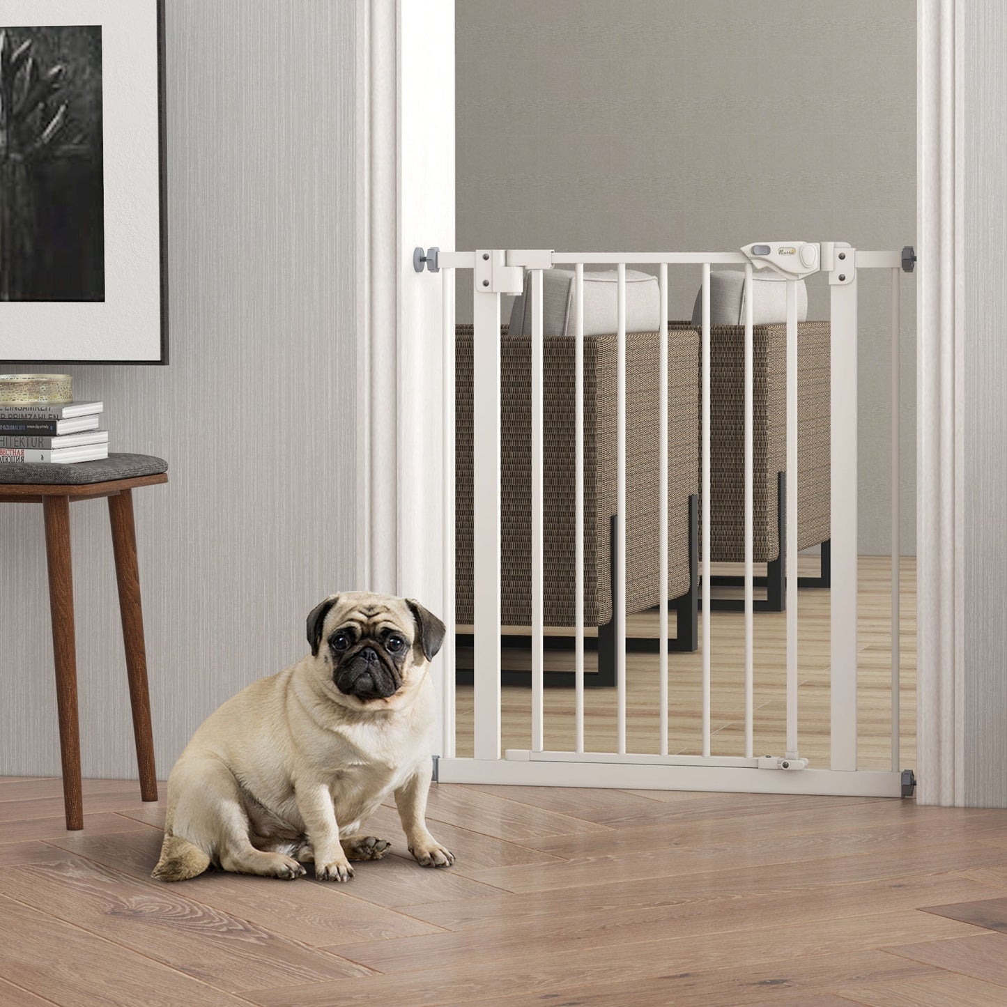 Dog Gate Stair Gate Pressure Fit Pets Barrier Auto Close for Doorway Hallway, 74-80cm Wide Adjustable, White
