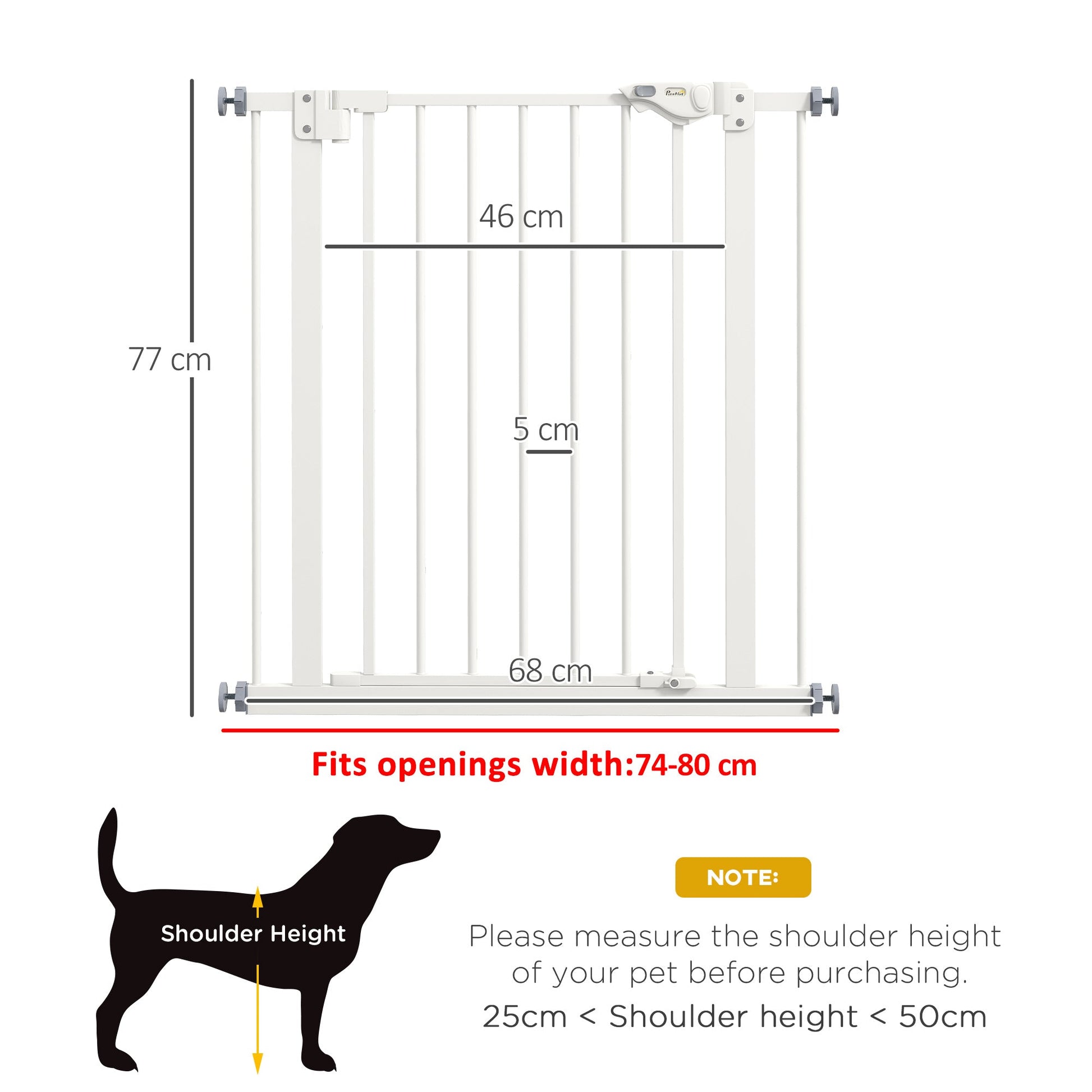 Dog Gate Stair Gate Pressure Fit Pets Barrier Auto Close for Doorway Hallway, 74-80cm Wide Adjustable, White