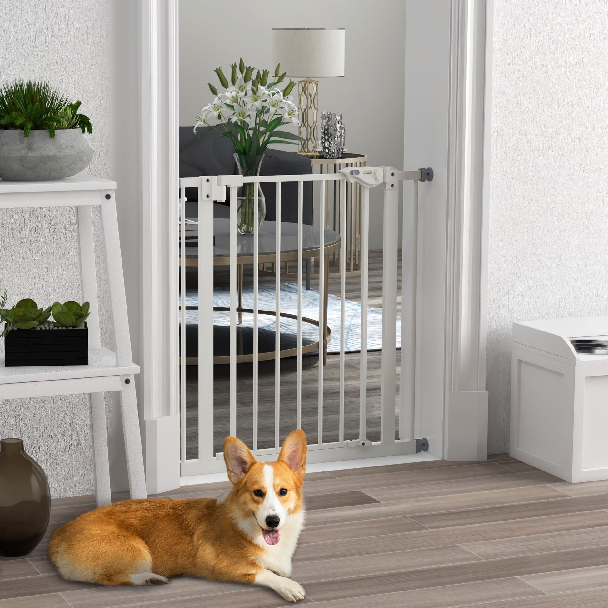 Dog Gate Stair Gate Pressure Fit Pets Barrier Auto Close for Doorway Hallway, 74-80cm Wide Adjustable, White