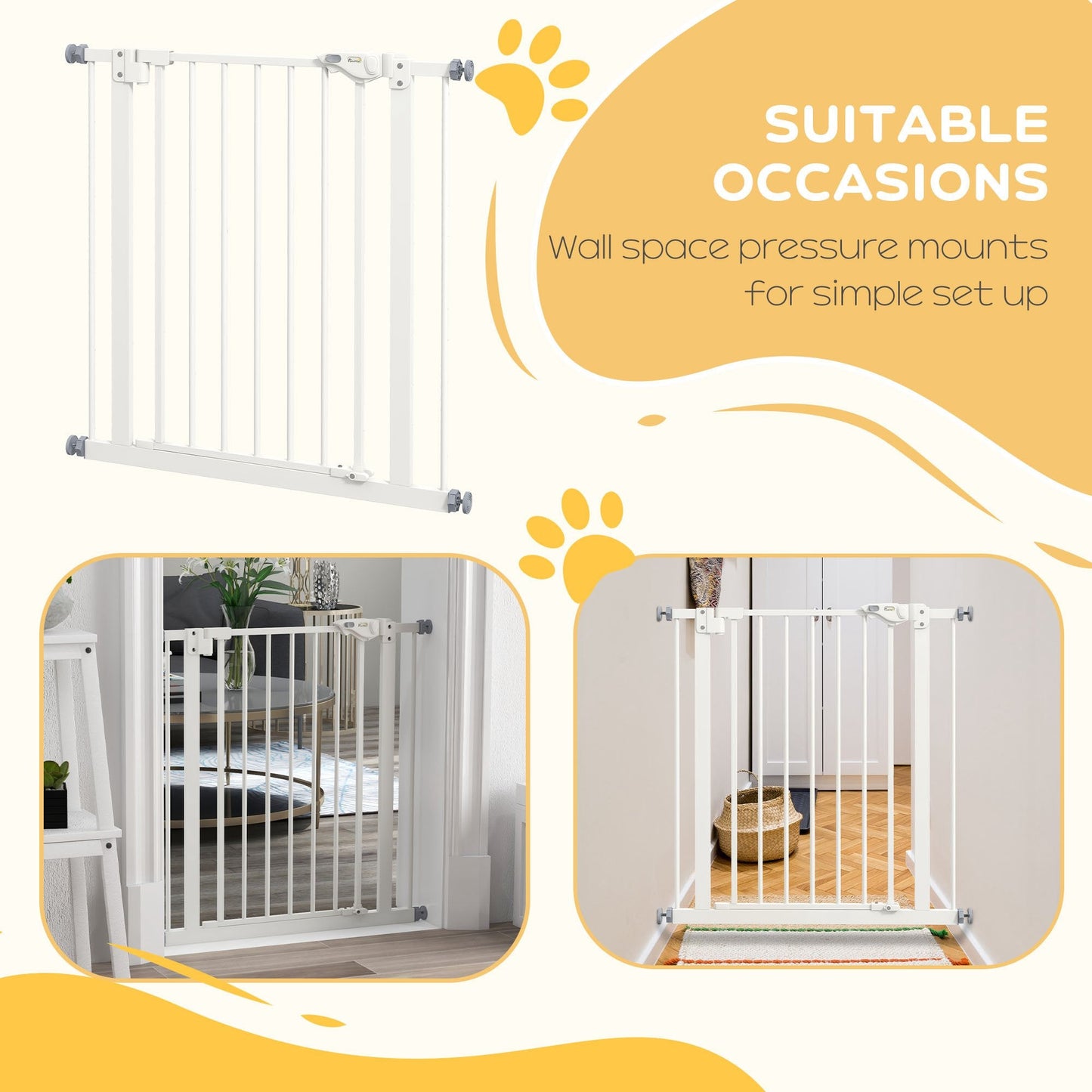Dog Gate Stair Gate Pressure Fit Pets Barrier Auto Close for Doorway Hallway, 74-80cm Wide Adjustable, White