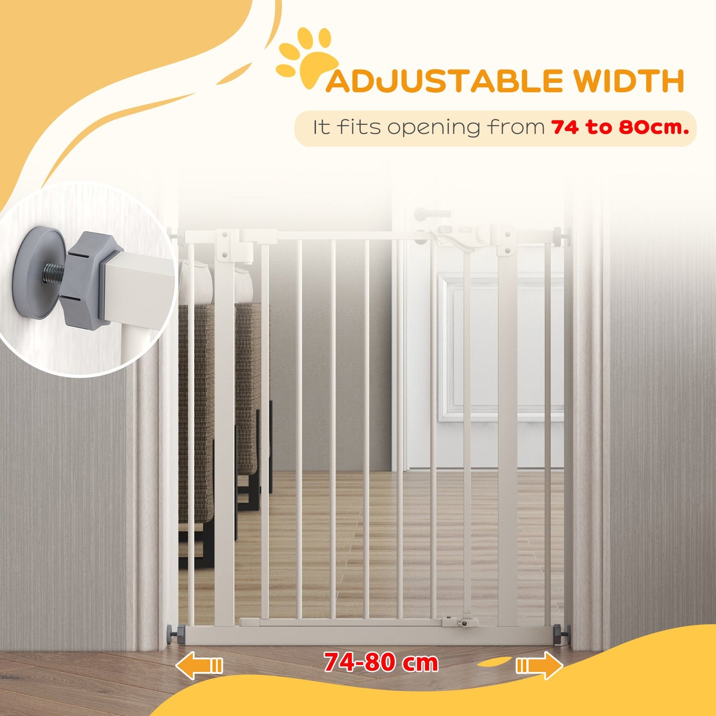 Dog Gate Stair Gate Pressure Fit Pets Barrier Auto Close for Doorway Hallway, 74-80cm Wide Adjustable, White