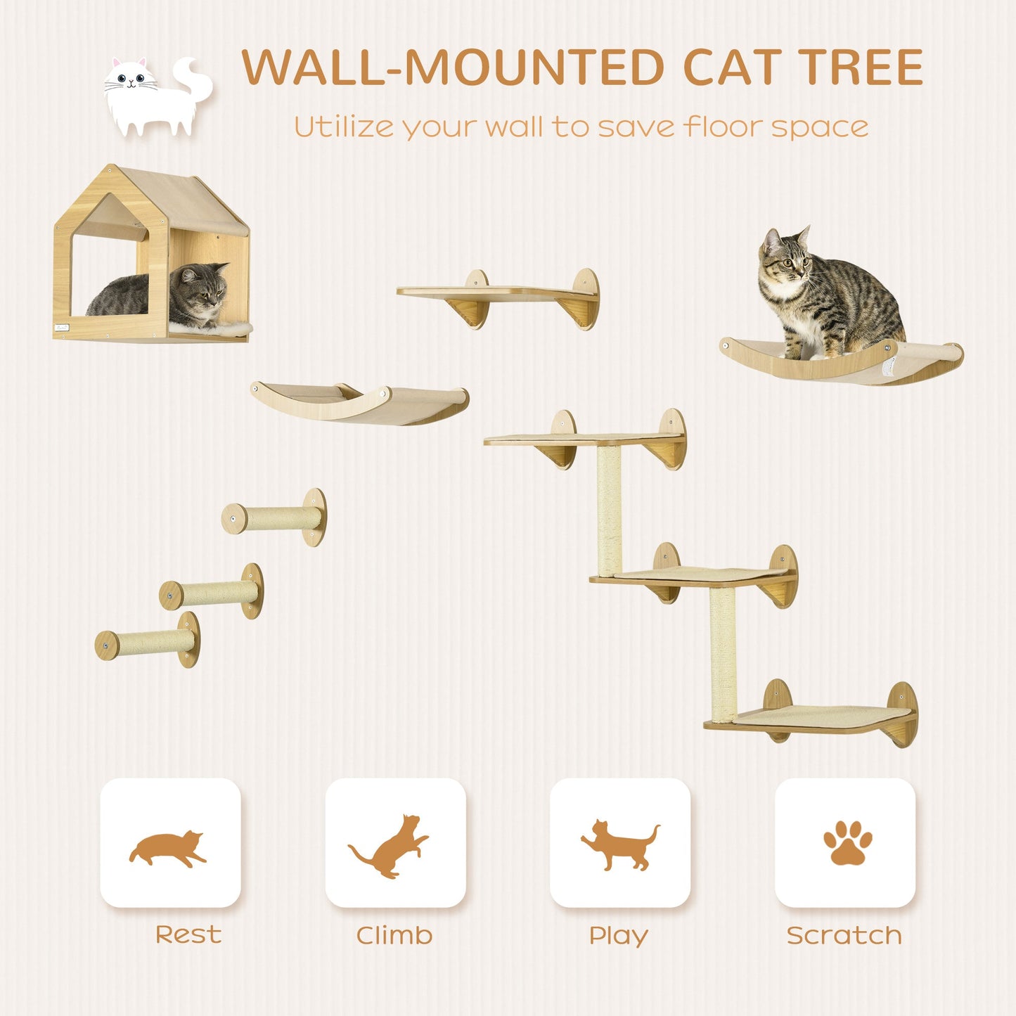 8 Piece Cat Shelves Set, Cat Wall Furniture with Condo, 3 Perches, 3 Scratching Posts, Steps, Wall Mounted Cat Tree for Indoor Cats, Beige