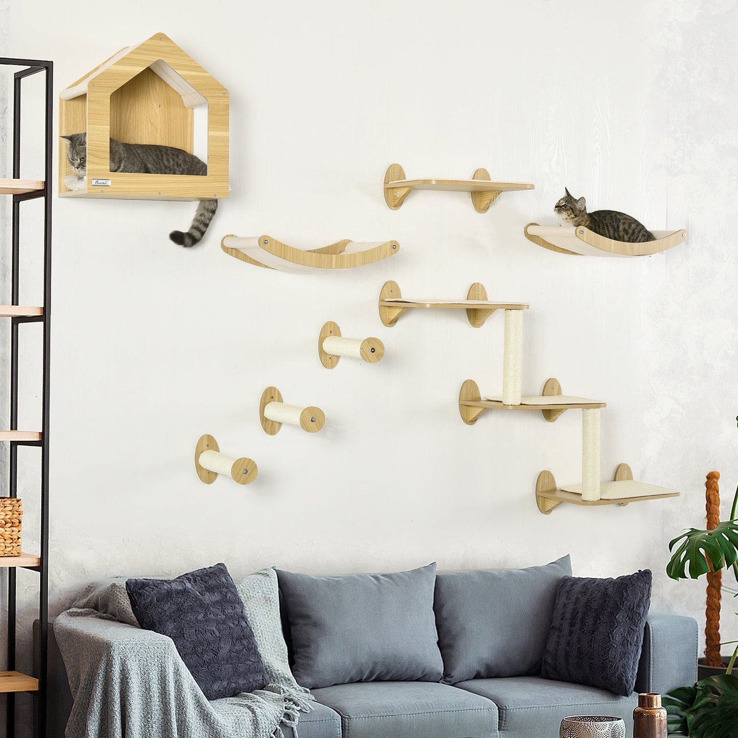 8 Piece Cat Shelves Set, Cat Wall Furniture with Condo, 3 Perches, 3 Scratching Posts, Steps, Wall Mounted Cat Tree for Indoor Cats, Beige