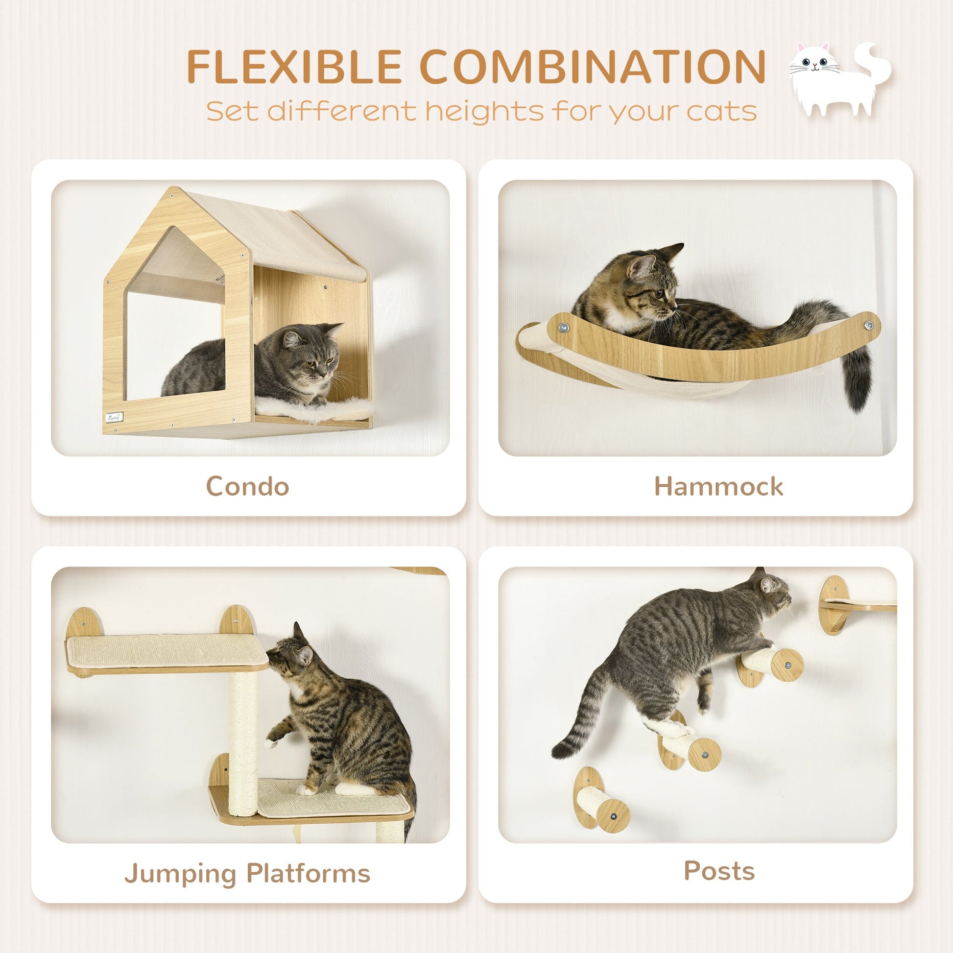 8 Piece Cat Shelves Set, Cat Wall Furniture with Condo, 3 Perches, 3 Scratching Posts, Steps, Wall Mounted Cat Tree for Indoor Cats, Beige