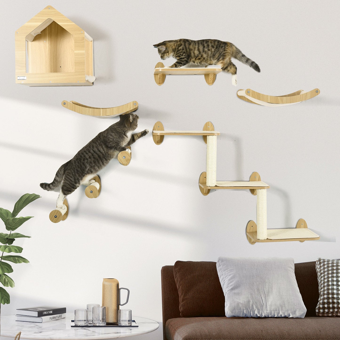 8 Piece Cat Shelves Set, Cat Wall Furniture with Condo, 3 Perches, 3 Scratching Posts, Steps, Wall Mounted Cat Tree for Indoor Cats, Beige