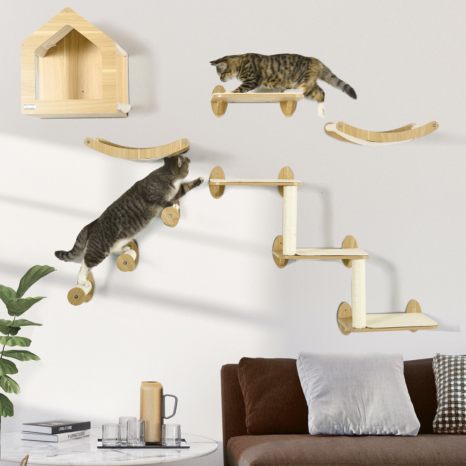 8 Piece Cat Shelves Set, Cat Wall Furniture with Condo, 3 Perches, 3 Scratching Posts, Steps, Wall Mounted Cat Tree for Indoor Cats, Beige