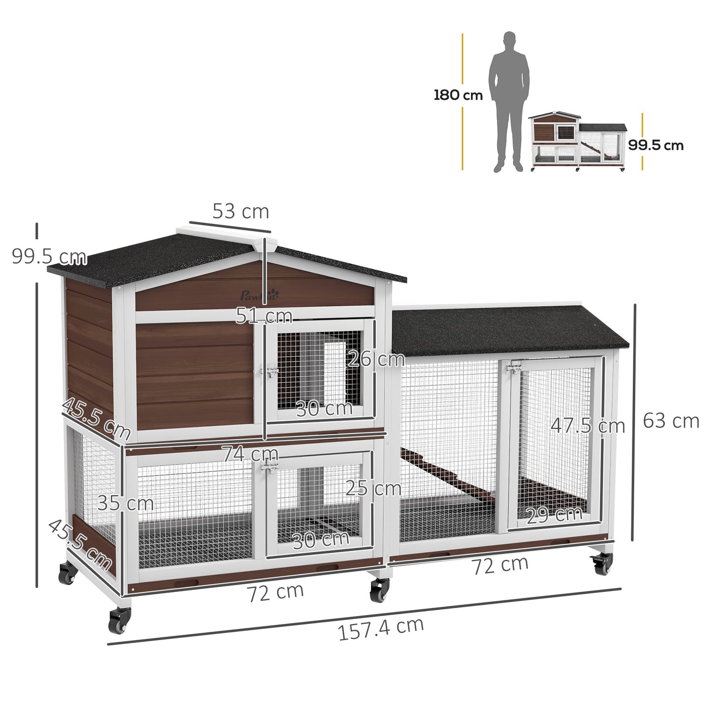 Rabbit Hutch Outdoor with Run Guinea Pig Hutch 2-Tier Bunny Cage w/ Wheels No-Leak Plastic Tray 157.4 x 53 x 99.5 cm - Brown