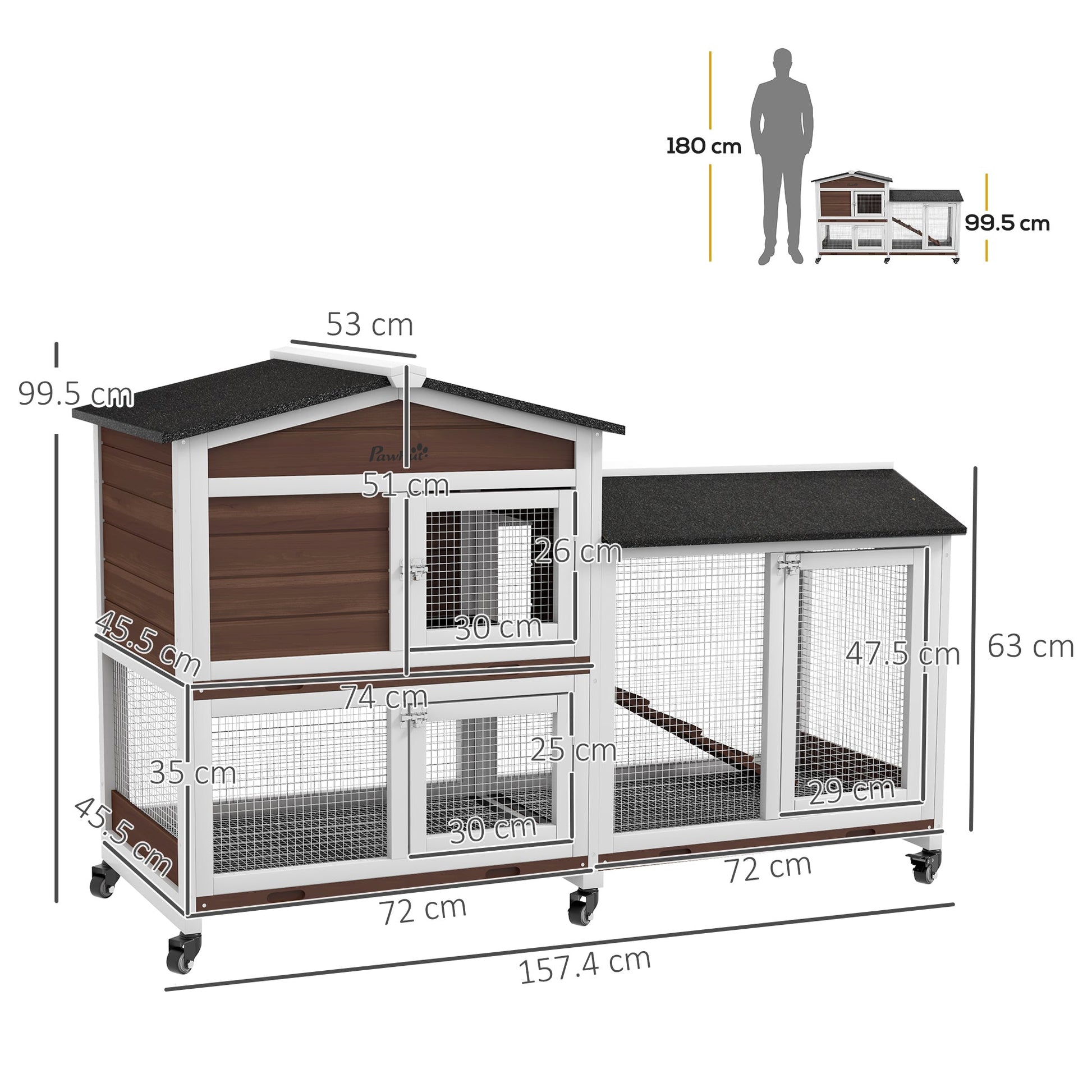Rabbit Hutch Outdoor with Run Guinea Pig Hutch 2-Tier Bunny Cage w/ Wheels No-Leak Plastic Tray 157.4 x 53 x 99.5 cm - Brown